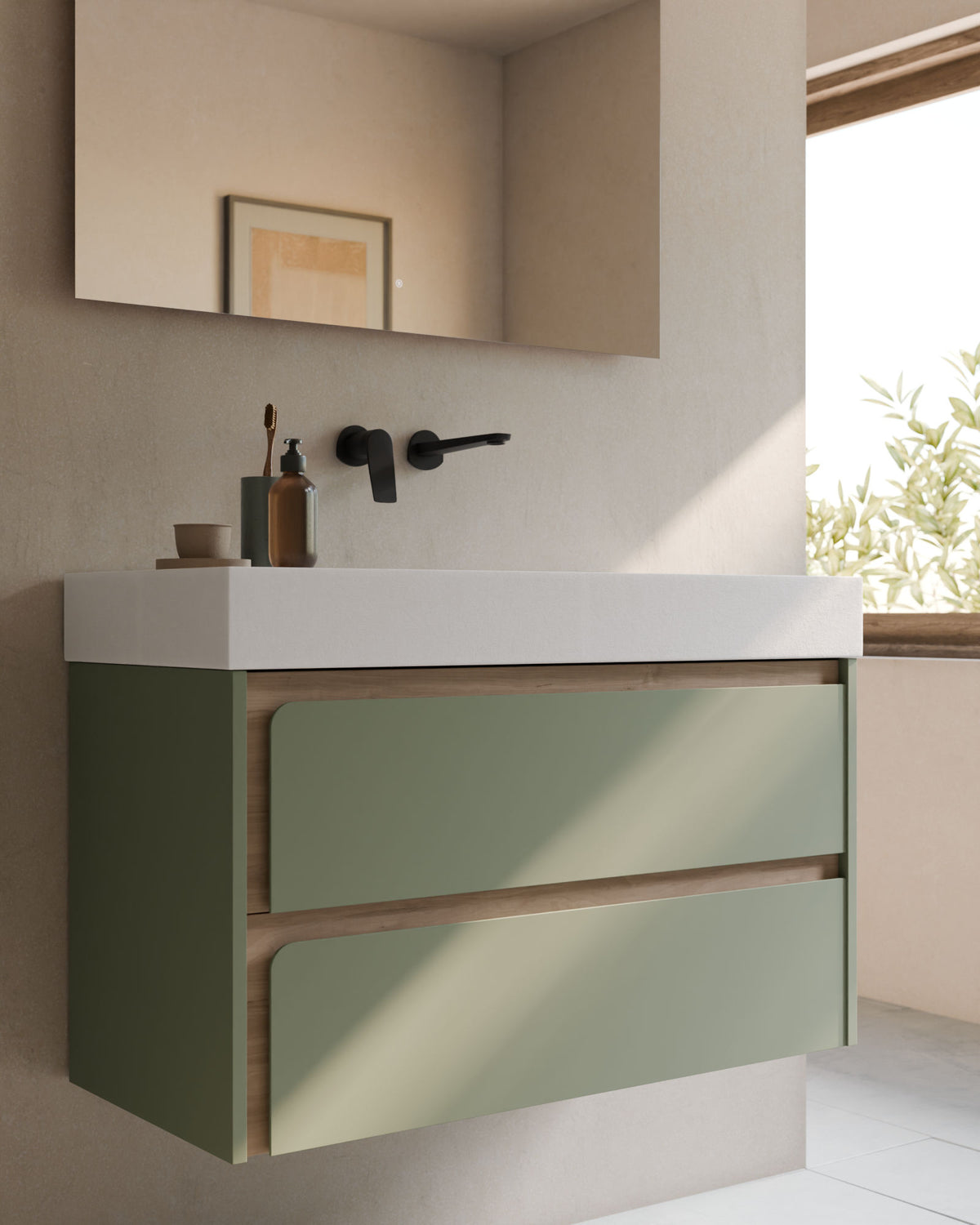 Cyra 2 cajones verde Kitami - roble marfil – con lavabo integrado Toren Blanco, Faldón 10 cm, sin agujero de grifo, primer plano