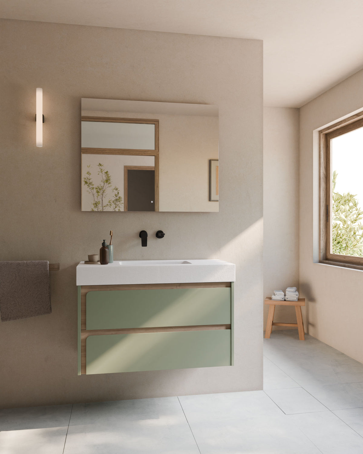 Cyra 2 cajones verde Kitami - roble marfil – con lavabo integrado Toren Blanco, Faldón 10 cm, sin agujero de grifo, vista frontal