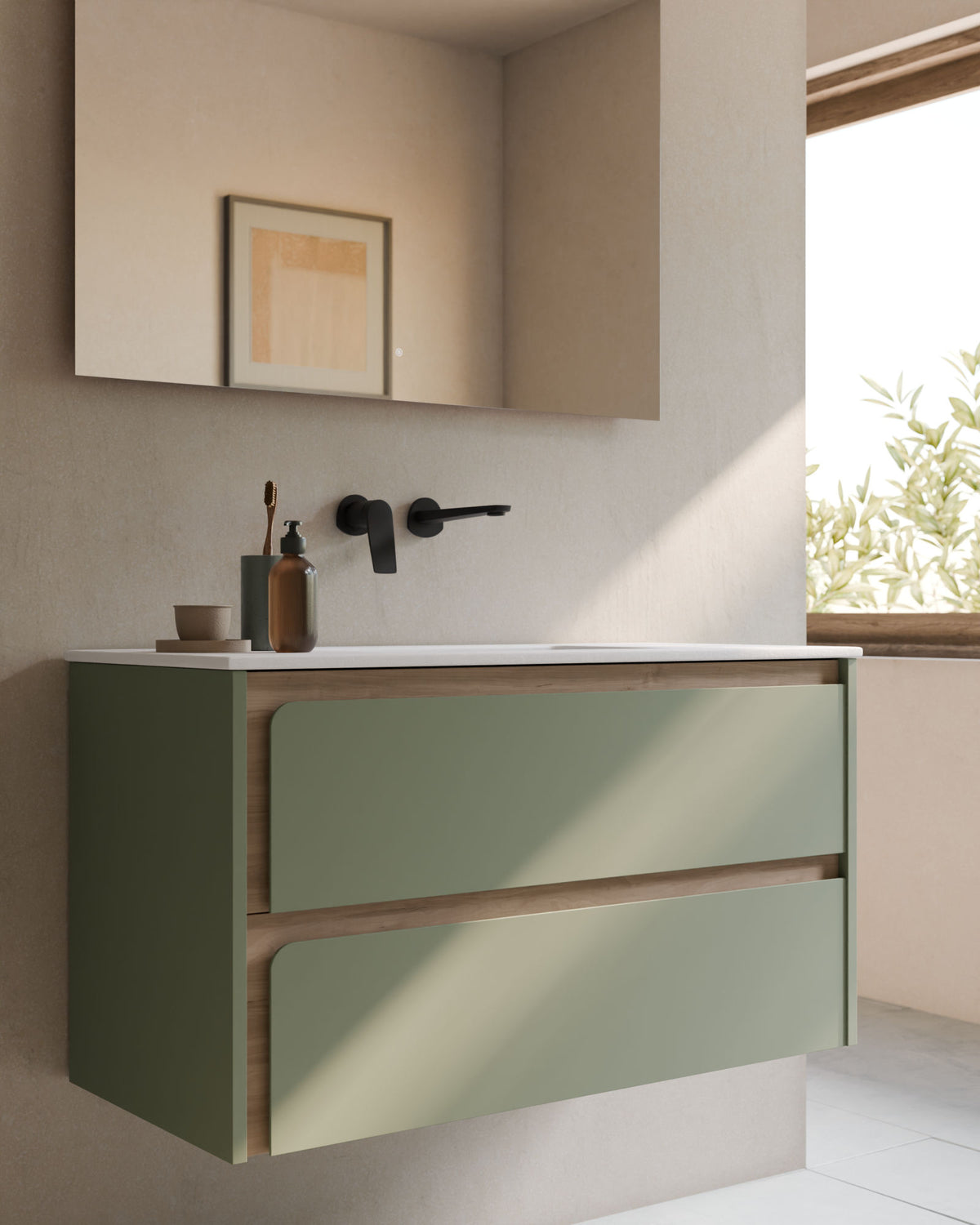 Cyra 2 cajones verde Kitami - roble marfil – con lavabo integrado Toren Blanco, Faldón 2 cm, sin agujero de grifo, primer plano