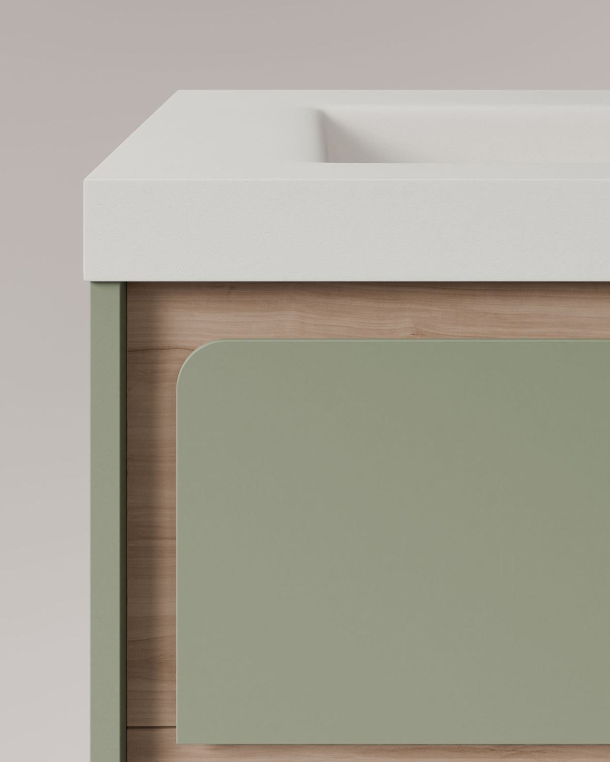 Cyra 2 cajones verde Kitami - roble marfil – con lavabo integrado Ardelia Blanco, Faldón 6 cm, con agujero de grifo, vista de detalle