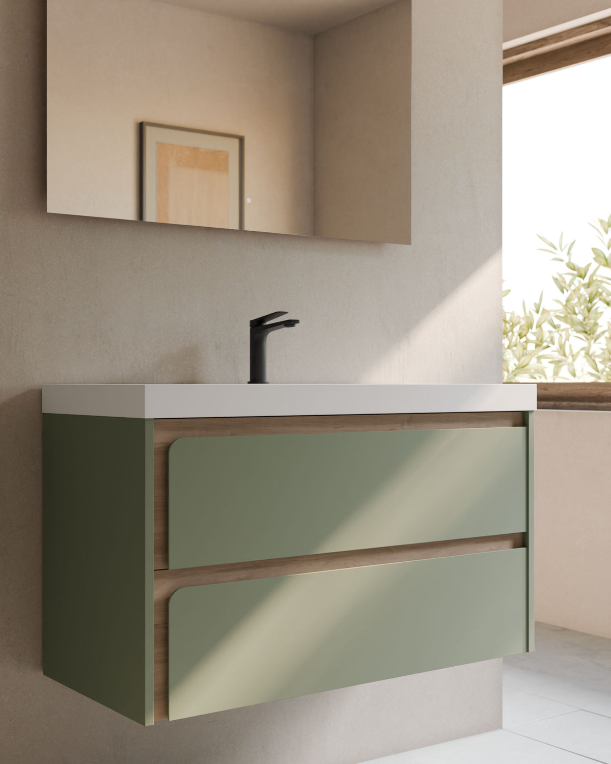 Cyra 2 cajones verde Kitami - roble marfil – con lavabo integrado Ardelia Blanco, Faldón 6 cm, con agujero de grifo, primer plano