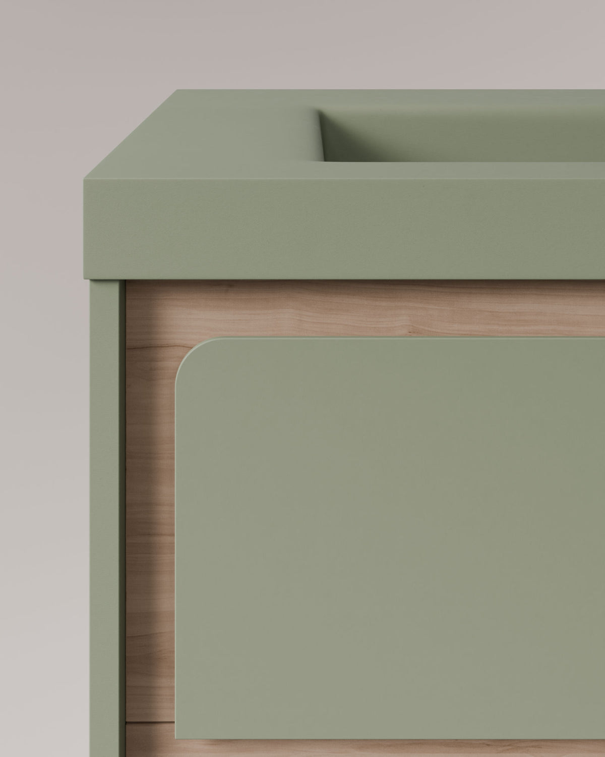 Cyra 2 cajones verde Kitami - roble marfil – con lavabo integrado Ardelia Verde Kitami, Faldón 6 cm, con agujero de grifo, vista de detalle