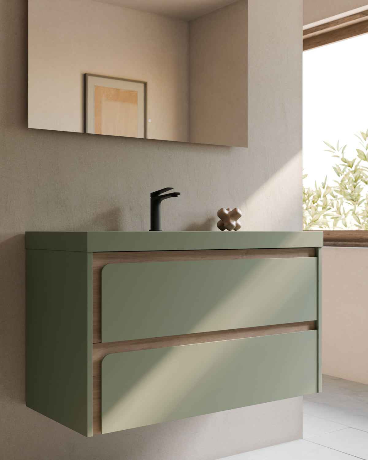 Cyra 2 cajones verde Kitami - roble marfil – con lavabo integrado Ardelia Verde Kitami, Faldón 6 cm, con agujero de grifo, primer plano