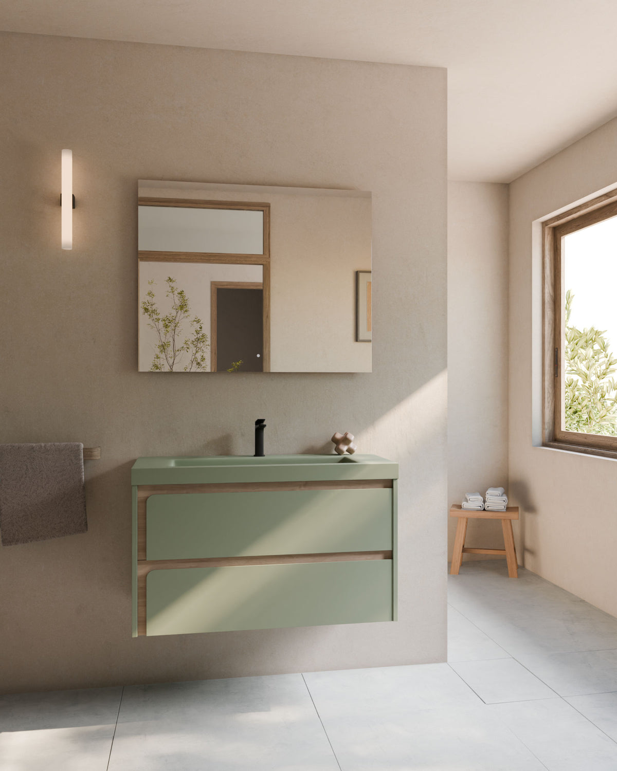 Cyra 2 cajones verde Kitami - roble marfil – con lavabo integrado Ardelia Verde Kitami, Faldón 6 cm, con agujero de grifo, vista frontal
