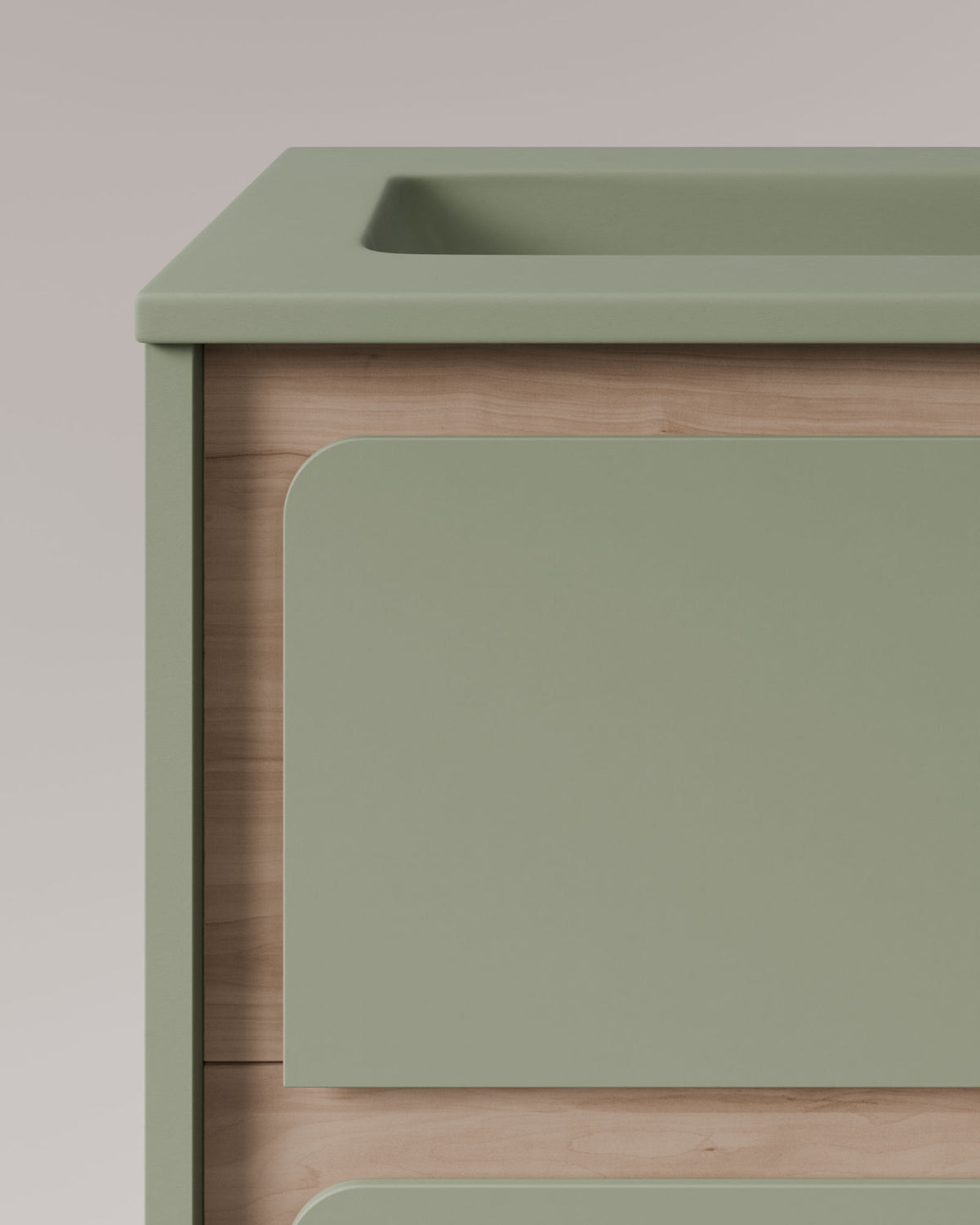 Cyra 2 cajones verde Kitami - roble marfil – con lavabo integrado Meira Verde Kitami, Faldón 2 cm, con agujero de grifo, vista de detalle