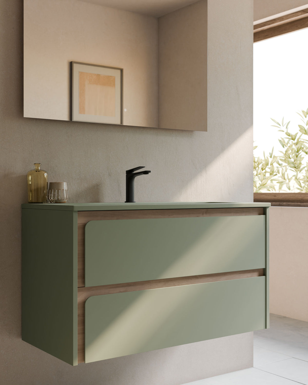 Cyra 2 cajones verde Kitami - roble marfil – con lavabo integrado Meira Verde Kitami, Faldón 2 cm, con agujero de grifo, primer plano