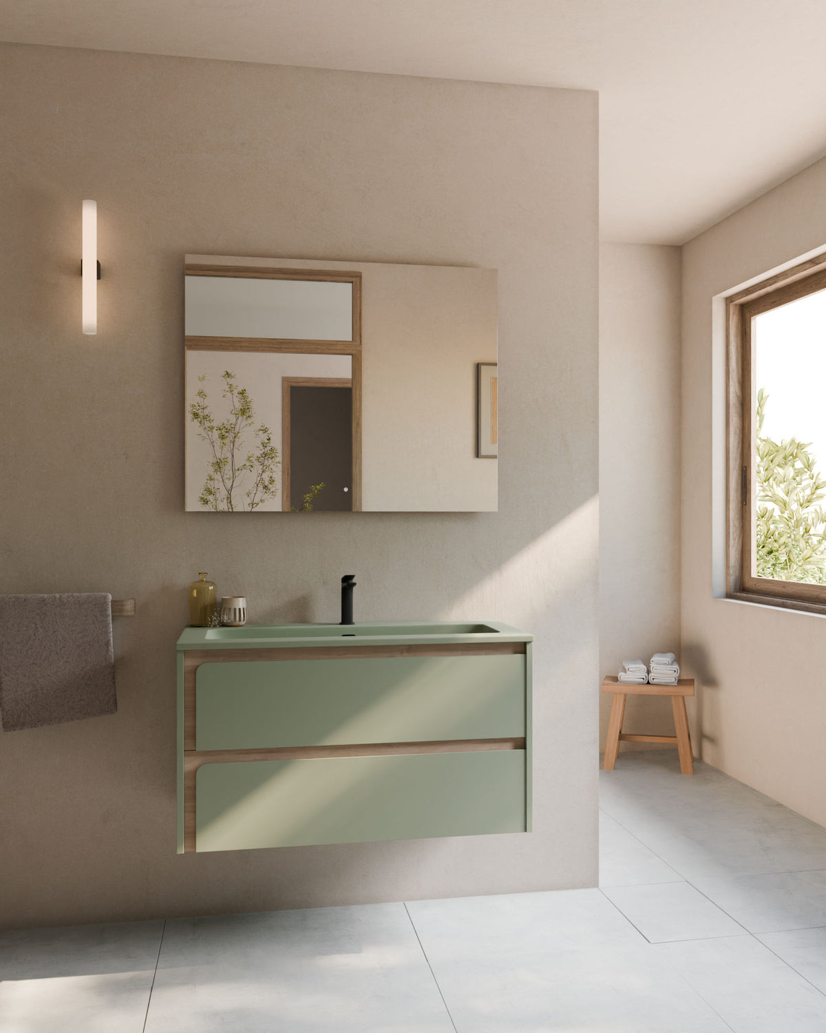 Cyra 2 cajones verde Kitami - roble marfil – con lavabo integrado Meira Verde Kitami, Faldón 2 cm, con agujero de grifo, vista frontal