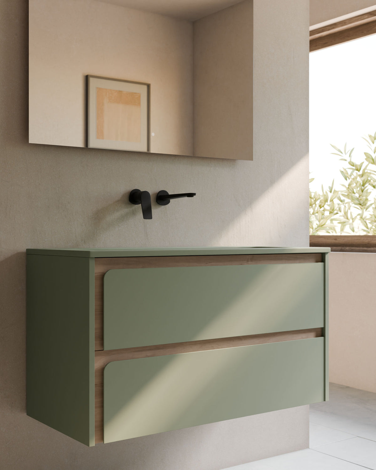 Cyra 2 cajones verde Kitami - roble marfil – con lavabo integrado Meira Verde Kitami, Faldón 2 cm, sin agujero de grifo, primer plano