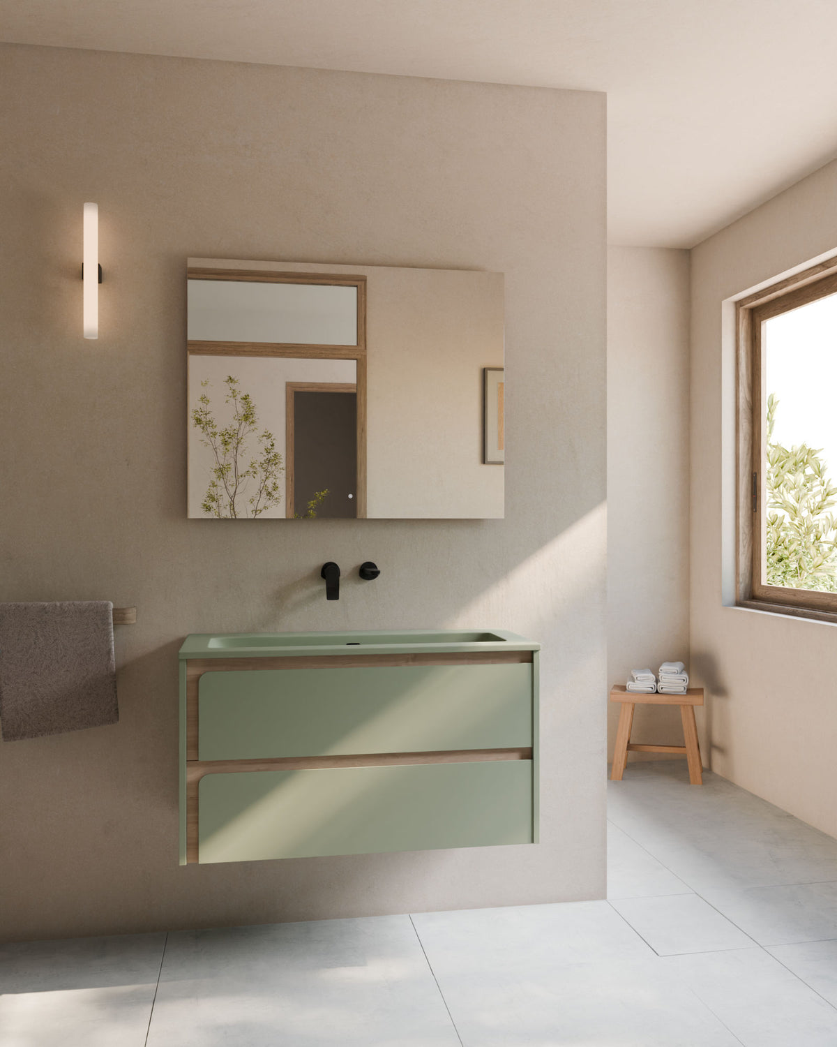 Cyra 2 cajones verde Kitami - roble marfil – con lavabo integrado Meira Verde Kitami, Faldón 2 cm, sin agujero de grifo, vista frontal