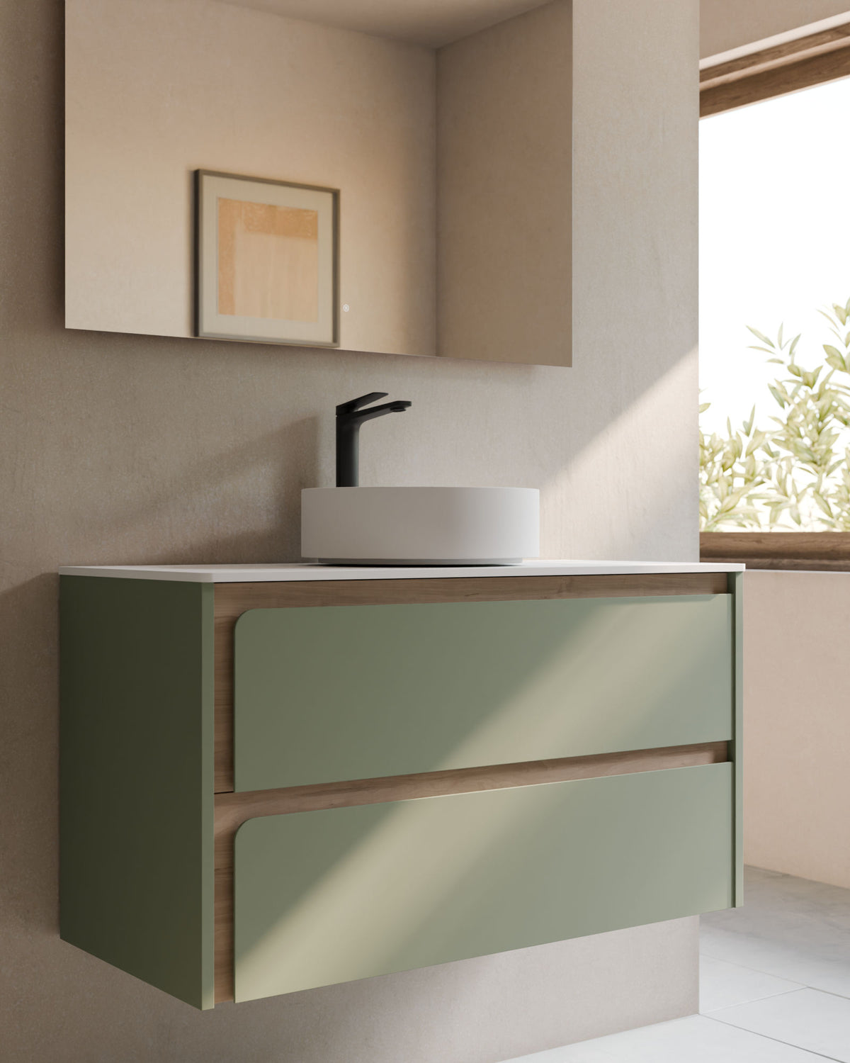 Cyra 2 cajones verde Kitami - roble marfil – con encimera Blanco, primer plano