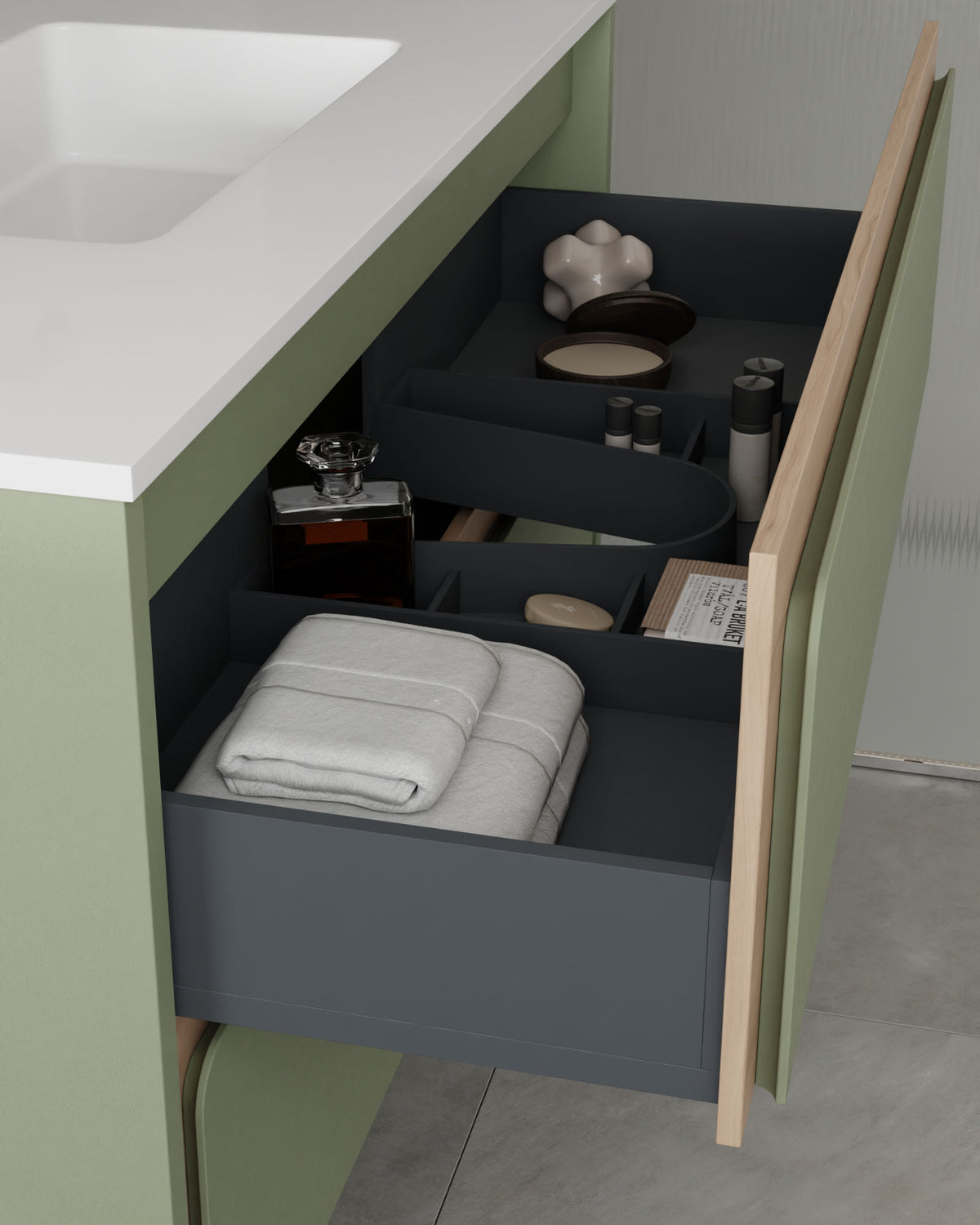 Cyra 2 cajones verde Kitami - roble marfil – con encimera Blanco, vista del cajón