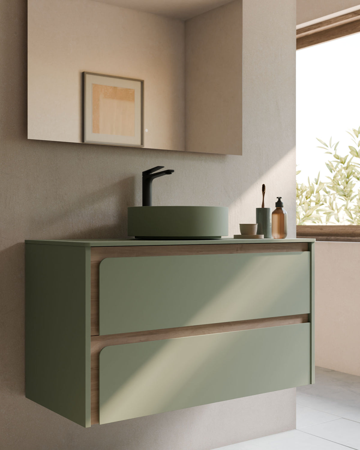 Cyra 2 cajones verde Kitami - roble marfil – con encimera Verde Kitami, primer plano