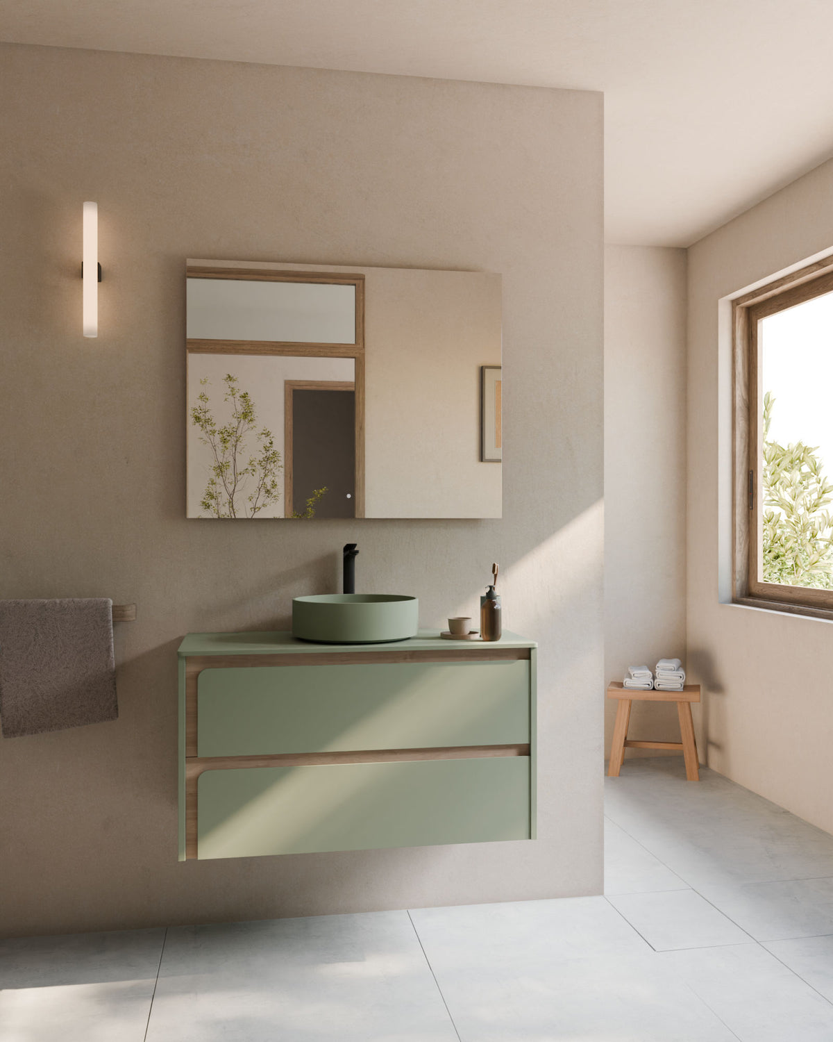 Cyra 2 cajones verde Kitami - roble marfil – con encimera Verde Kitami, vista frontal