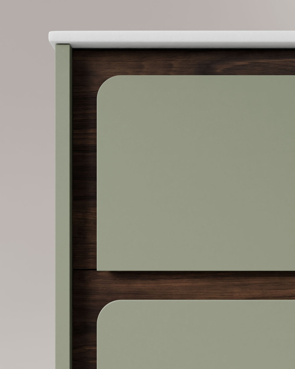 Cyra 2 cajones verde Kitami nogal – con lavabo integrado Toren Blanco, Faldón 2 cm, sin agujero de grifo, vista de detalle