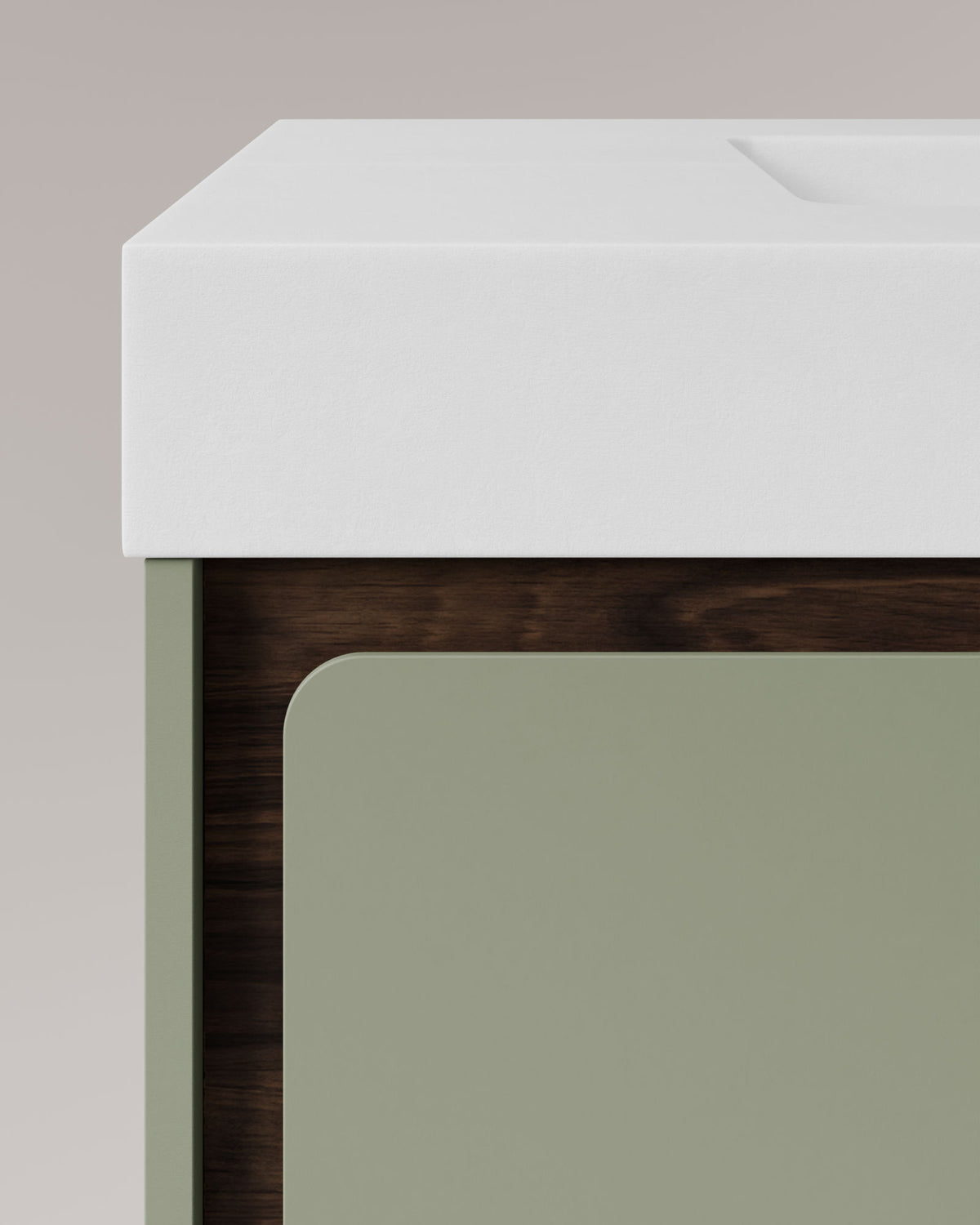 Cyra 2 cajones verde Kitami nogal – con lavabo integrado Toren Blanco, Faldón 10 cm, sin agujero de grifo, vista de detalle
