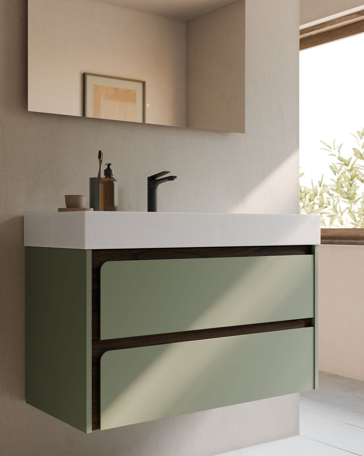 Cyra 2 cajones verde Kitami nogal – con lavabo integrado Toren Blanco, Faldón 10 cm, con agujero de grifo, primer plano