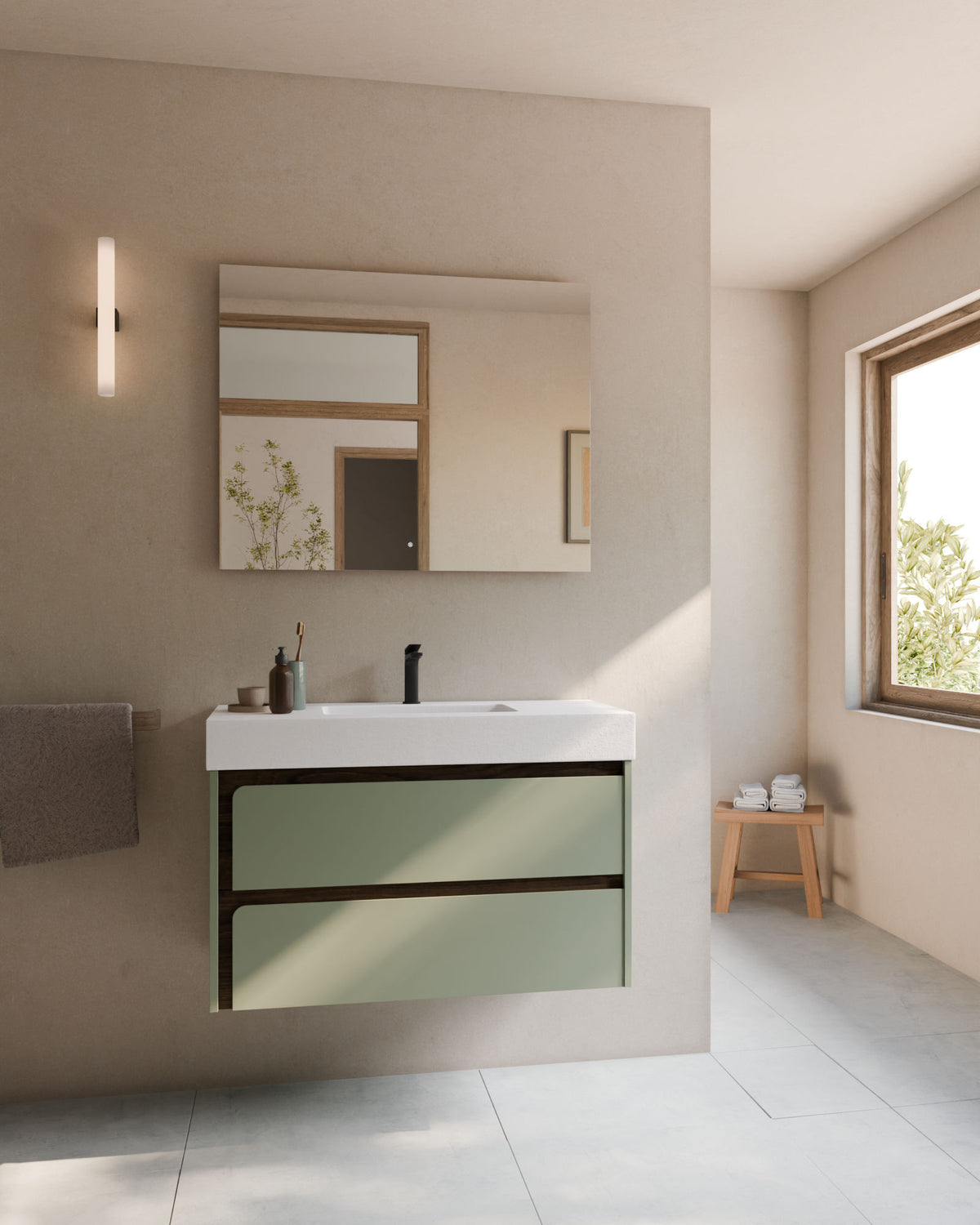 Cyra 2 cajones verde Kitami nogal – con lavabo integrado Toren Blanco, Faldón 10 cm, con agujero de grifo, vista frontal