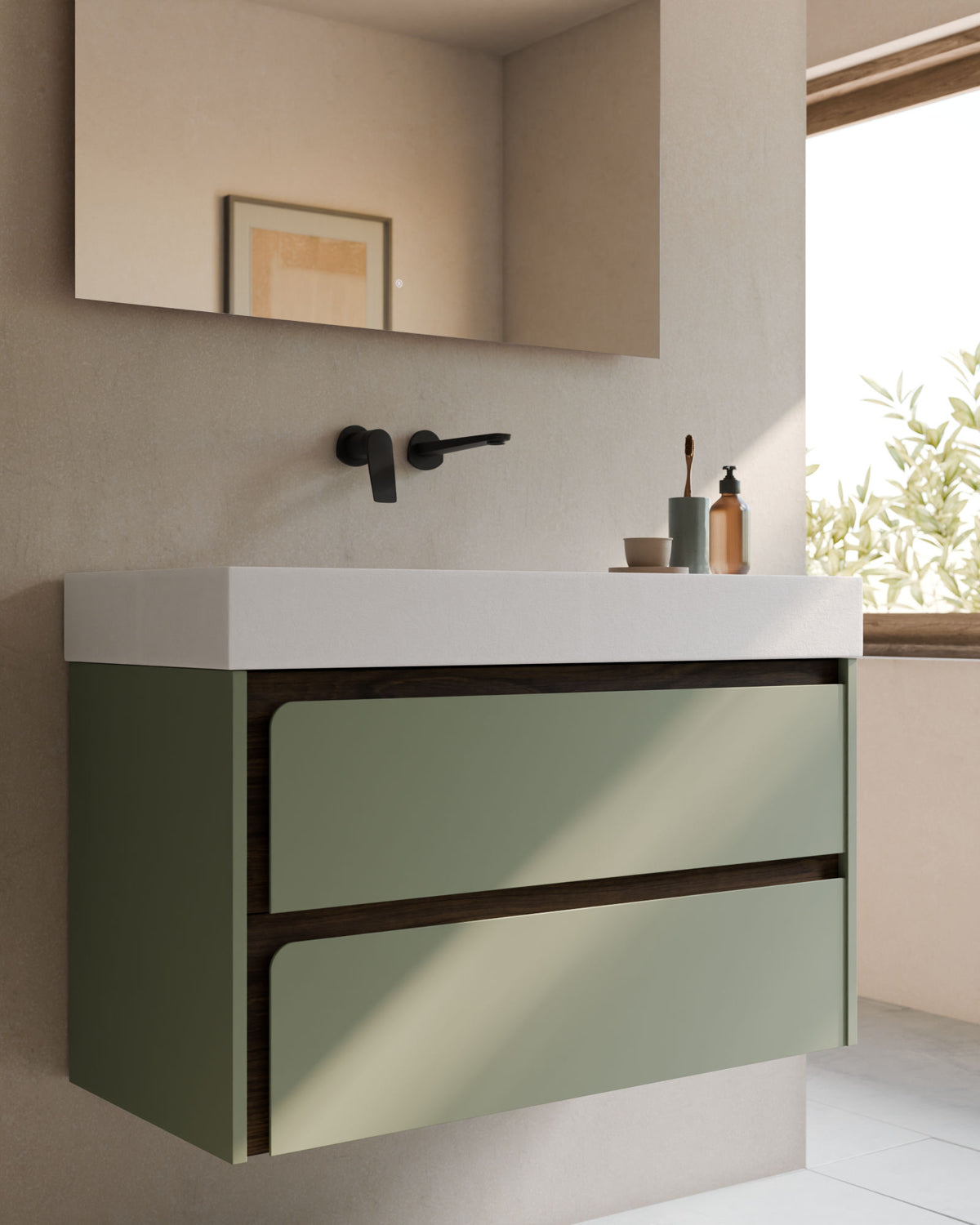 Cyra 2 cajones verde Kitami nogal – con lavabo integrado Toren Blanco, Faldón 10 cm, sin agujero de grifo, primer plano