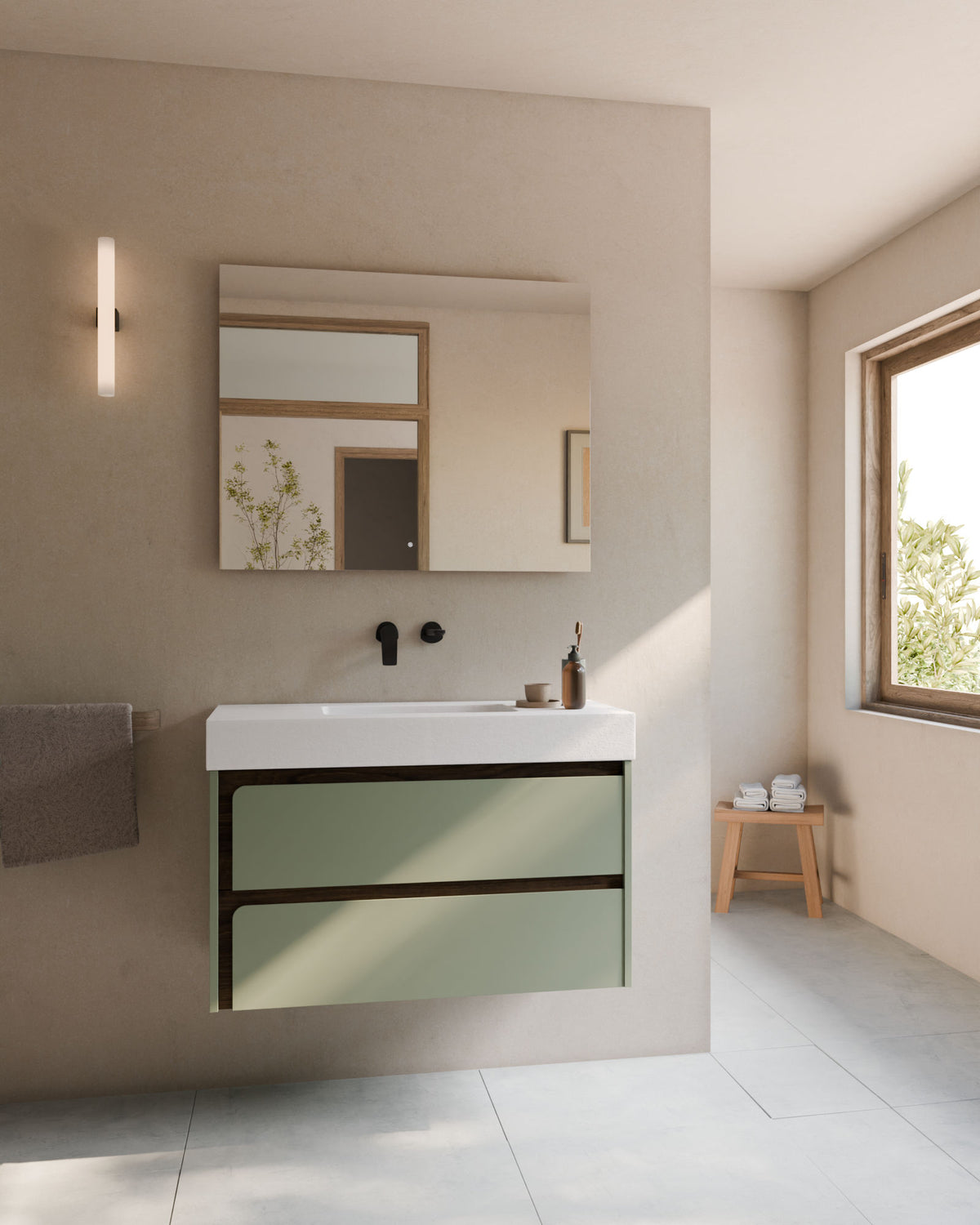 Cyra 2 cajones verde Kitami nogal – con lavabo integrado Toren Blanco, Faldón 10 cm, sin agujero de grifo, vista frontal