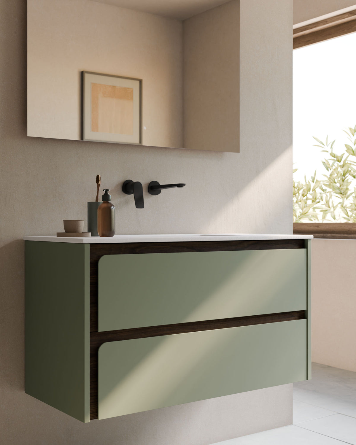 Cyra 2 cajones verde Kitami nogal – con lavabo integrado Toren Blanco, Faldón 2 cm, sin agujero de grifo, primer plano