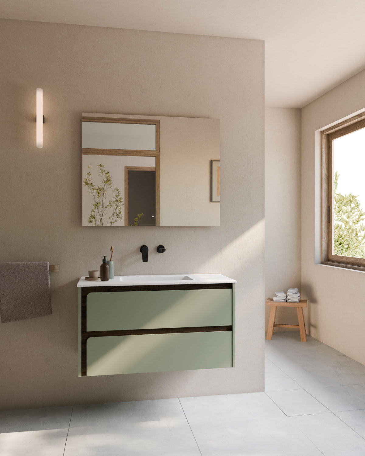 Cyra 2 cajones verde Kitami nogal – con lavabo integrado Toren Blanco, Faldón 2 cm, sin agujero de grifo, vista frontal