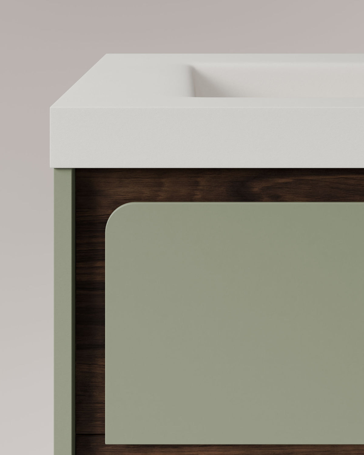 Cyra 2 cajones verde Kitami nogal – con lavabo integrado Ardelia Blanco, Faldón 6 cm, con agujero de grifo, vista de detalle