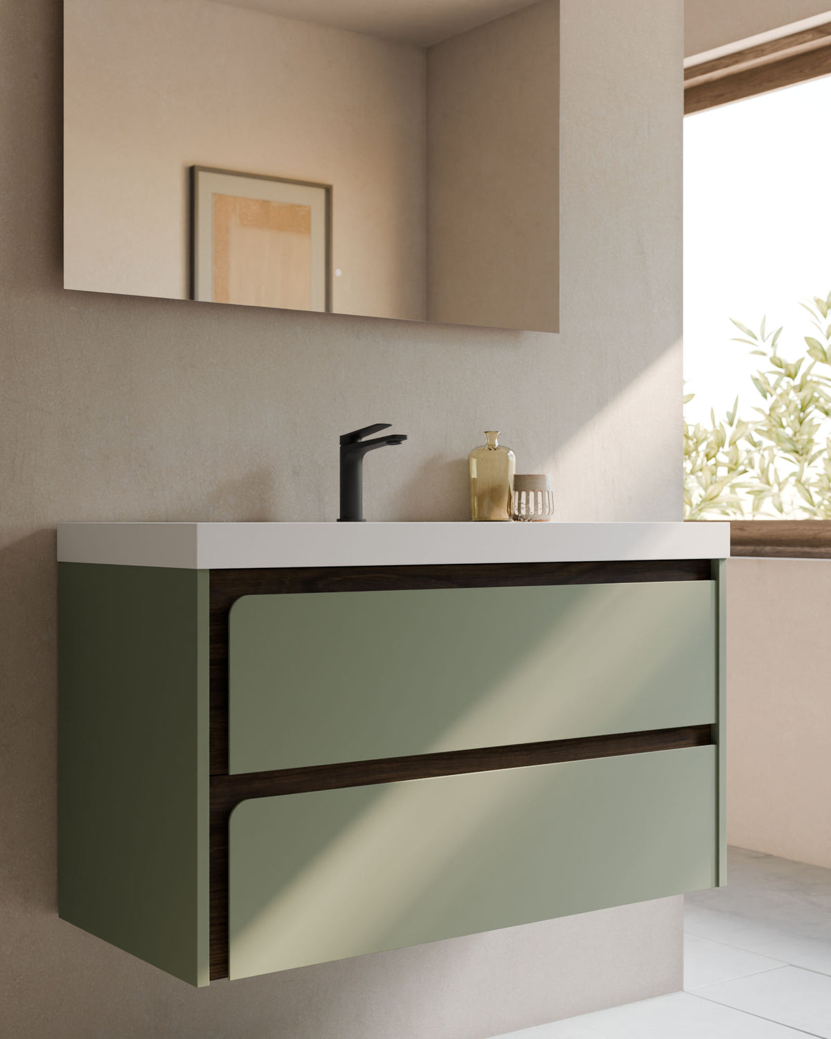 Cyra 2 cajones verde Kitami nogal – con lavabo integrado Ardelia Blanco, Faldón 6 cm, con agujero de grifo, primer plano