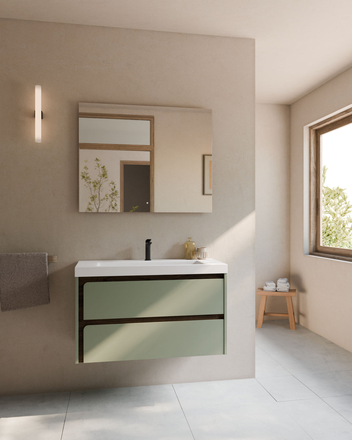 Cyra 2 cajones verde Kitami nogal – con lavabo integrado Ardelia Blanco, Faldón 6 cm, con agujero de grifo, vista frontal