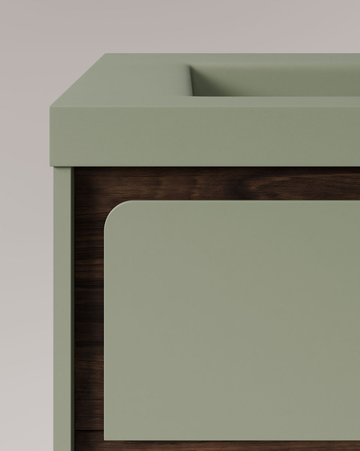 Cyra 2 cajones verde Kitami nogal – con lavabo integrado Ardelia Verde Kitami, Faldón 6 cm, con agujero de grifo, vista de detalle