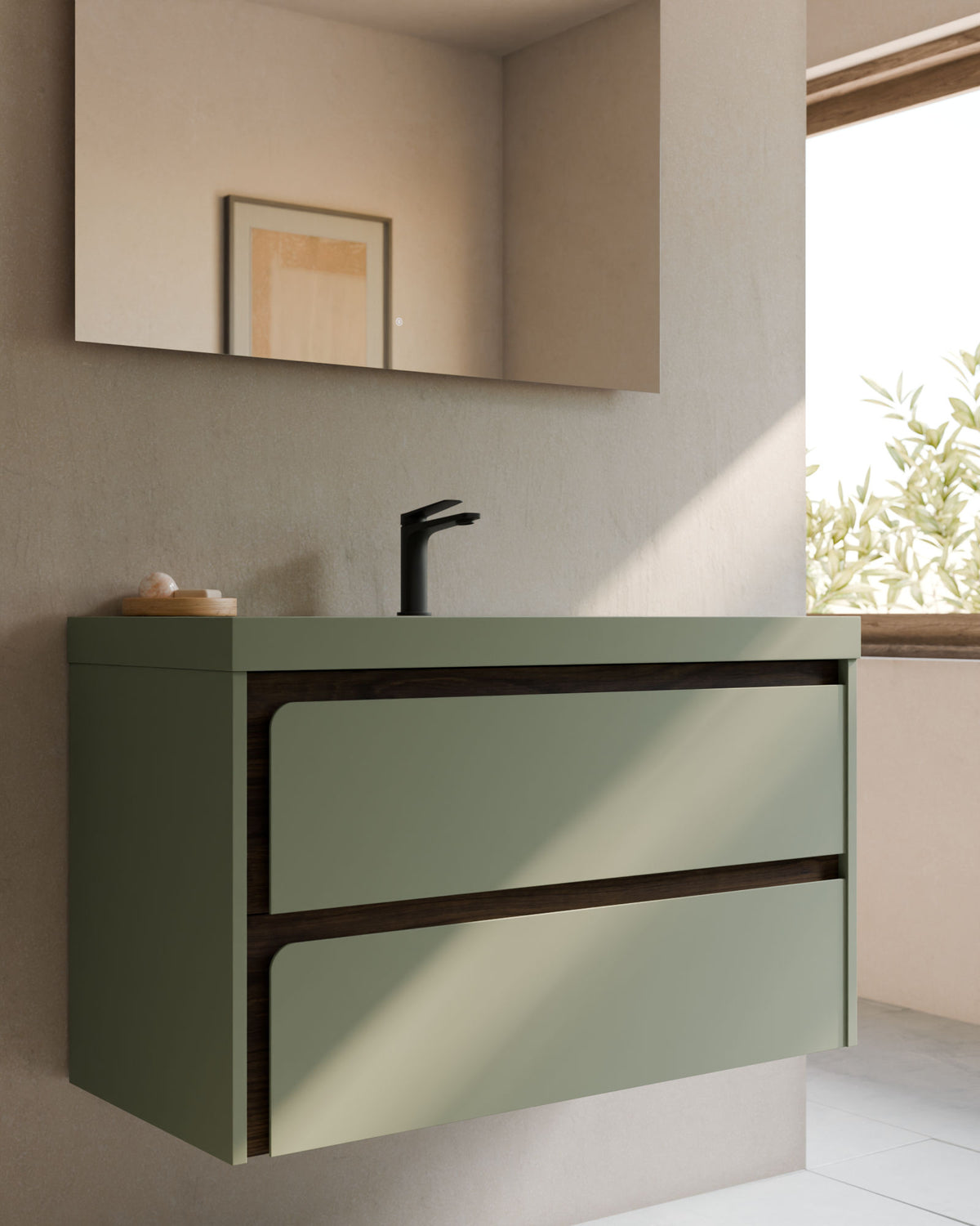 Cyra 2 cajones verde Kitami nogal – con lavabo integrado Ardelia Verde Kitami, Faldón 6 cm, con agujero de grifo, primer plano