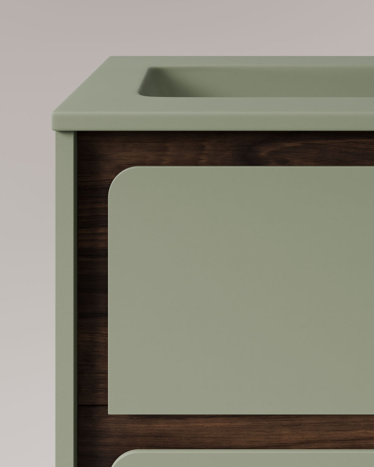 Cyra 2 cajones verde Kitami nogal – con lavabo integrado Meira Verde Kitami, Faldón 2 cm, sin agujero de grifo, vista de detalle