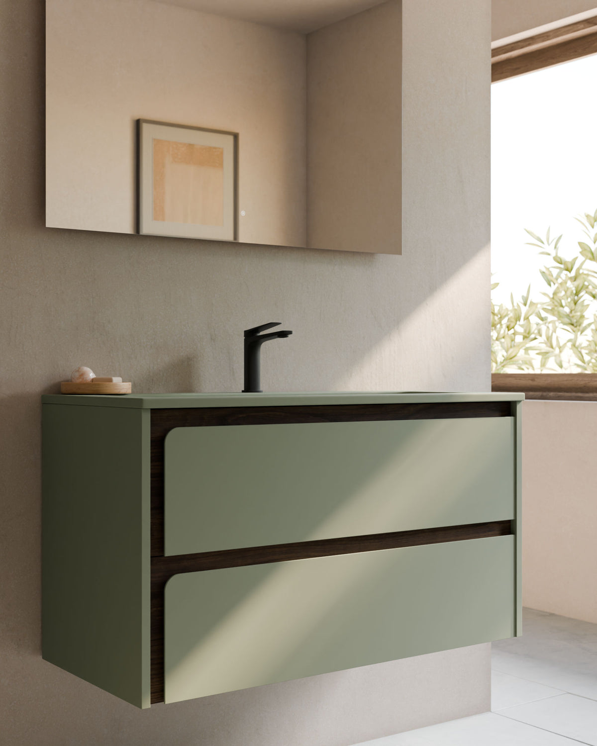 Cyra 2 cajones verde Kitami nogal – con lavabo integrado Meira Verde Kitami, Faldón 2 cm, con agujero de grifo, primer plano