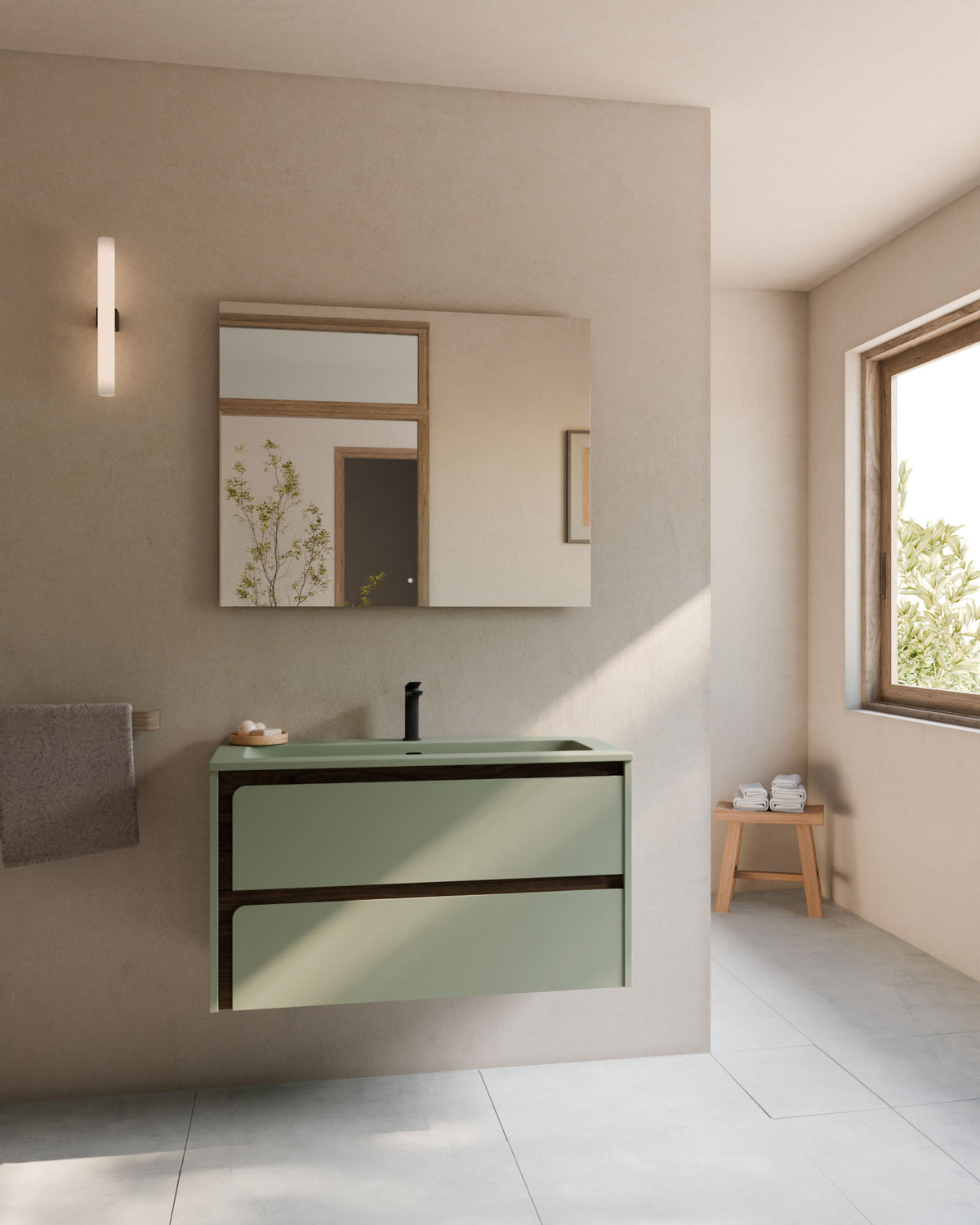 Cyra 2 cajones verde Kitami nogal – con lavabo integrado Meira Verde Kitami, Faldón 2 cm, con agujero de grifo, vista frontal