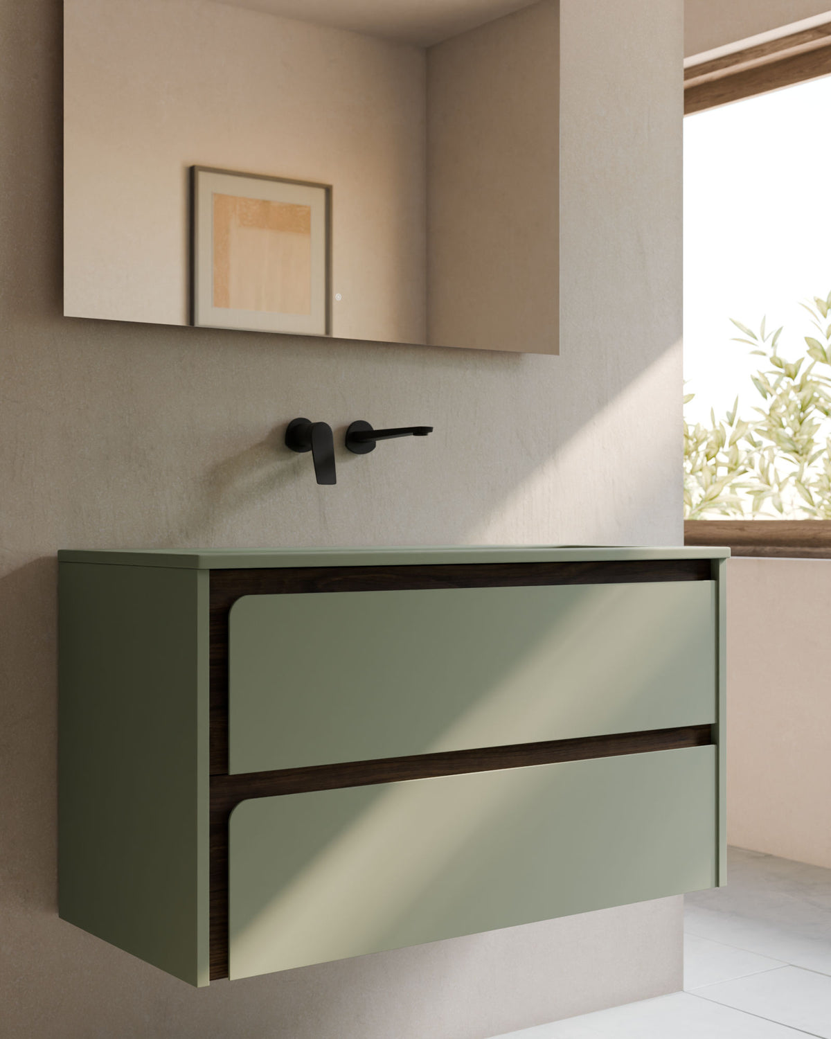 Cyra 2 cajones verde Kitami nogal – con lavabo integrado Meira Verde Kitami, Faldón 2 cm, sin agujero de grifo, primer plano