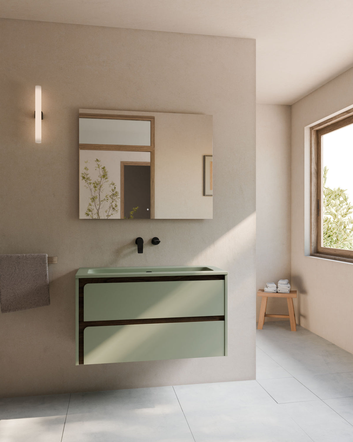 Cyra 2 cajones verde Kitami nogal – con lavabo integrado Meira Verde Kitami, Faldón 2 cm, sin agujero de grifo, vista frontal