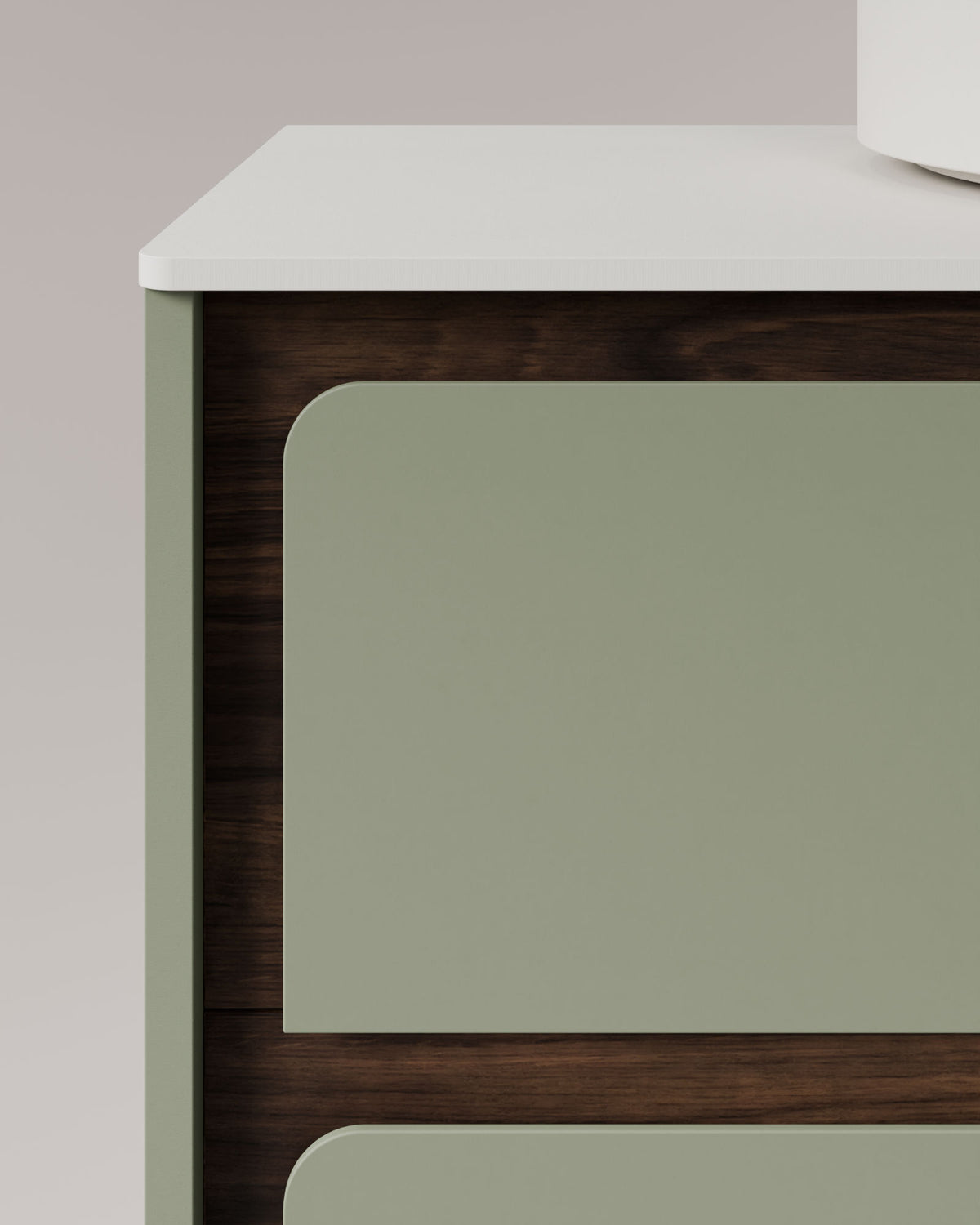 Cyra 2 cajones verde Kitami nogal – con encimera Blanco, vista de detalle