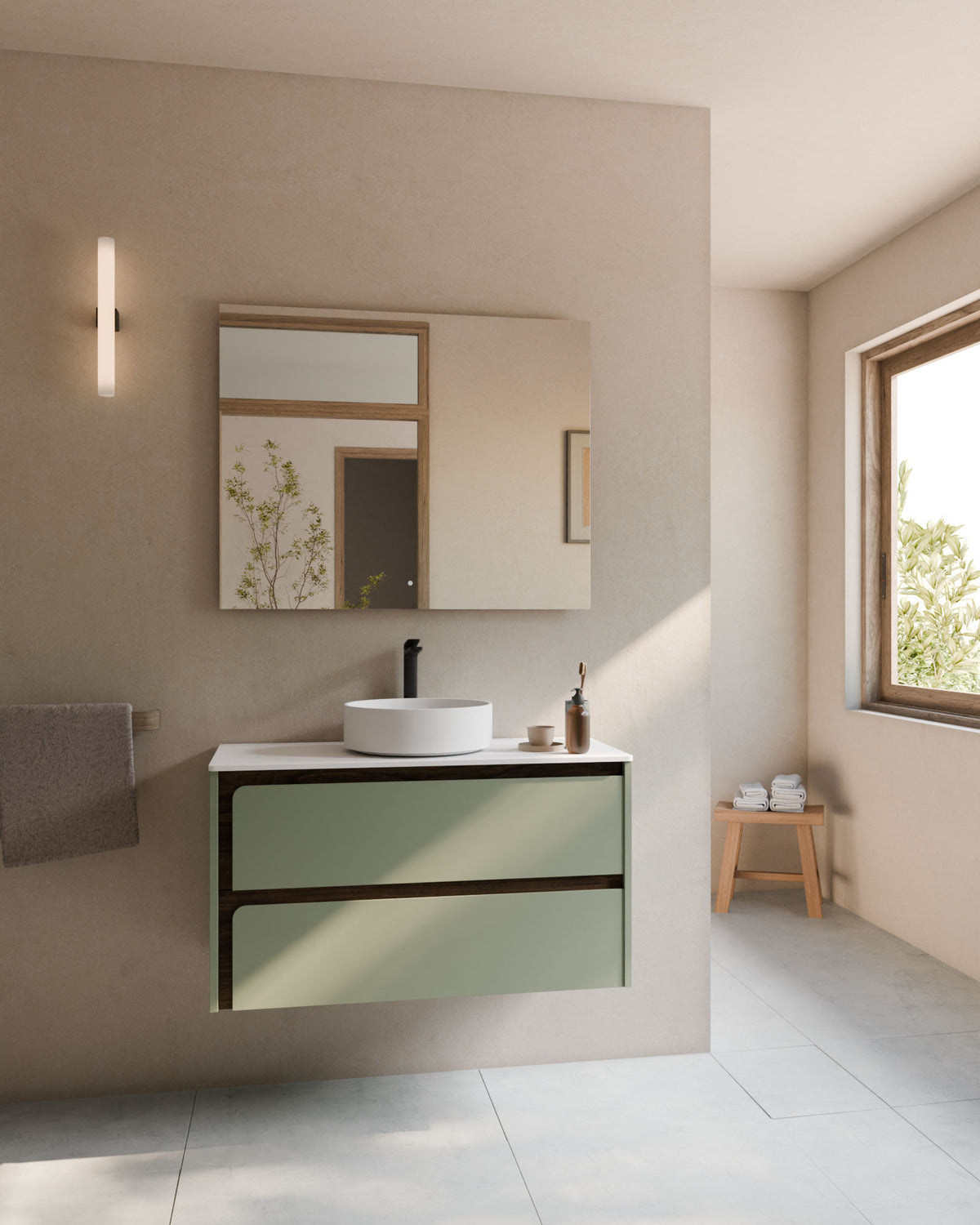 Cyra 2 cajones verde Kitami nogal – con encimera Blanco, vista frontal