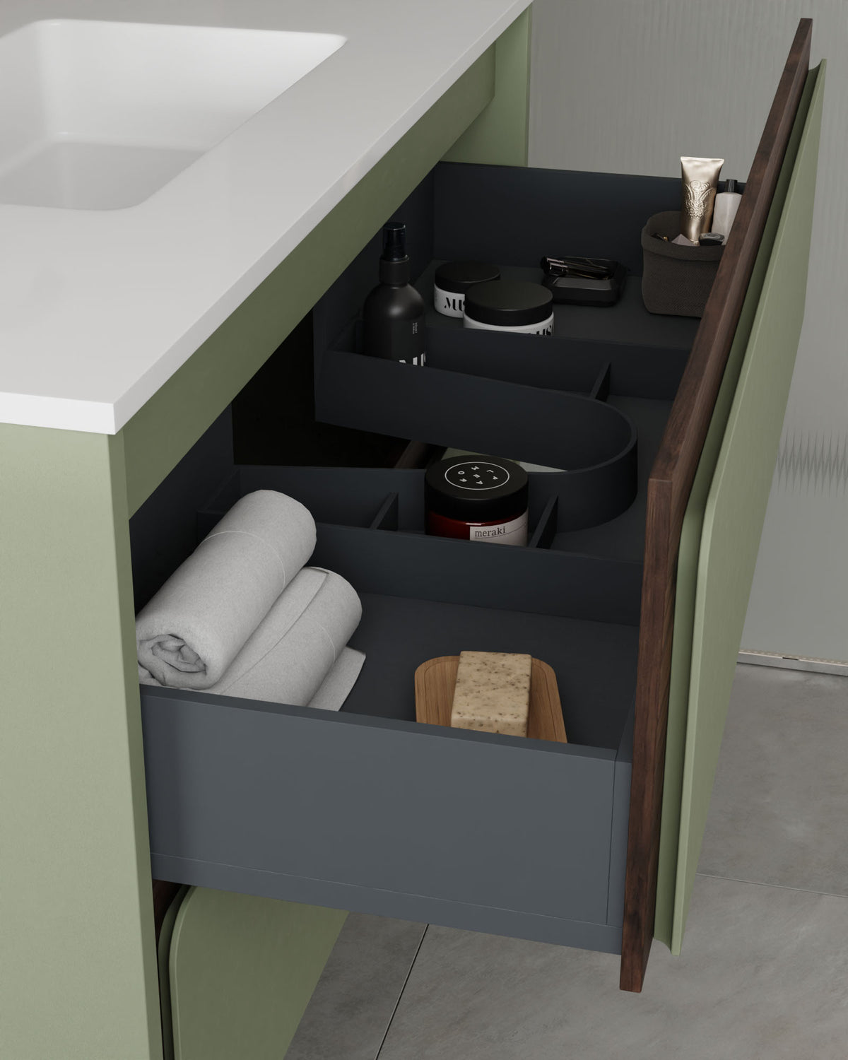 Cyra 2 cajones verde Kitami nogal – con lavabo integrado Toren Blanco, Faldón 2 cm, con agujero de grifo, vista del cajón
