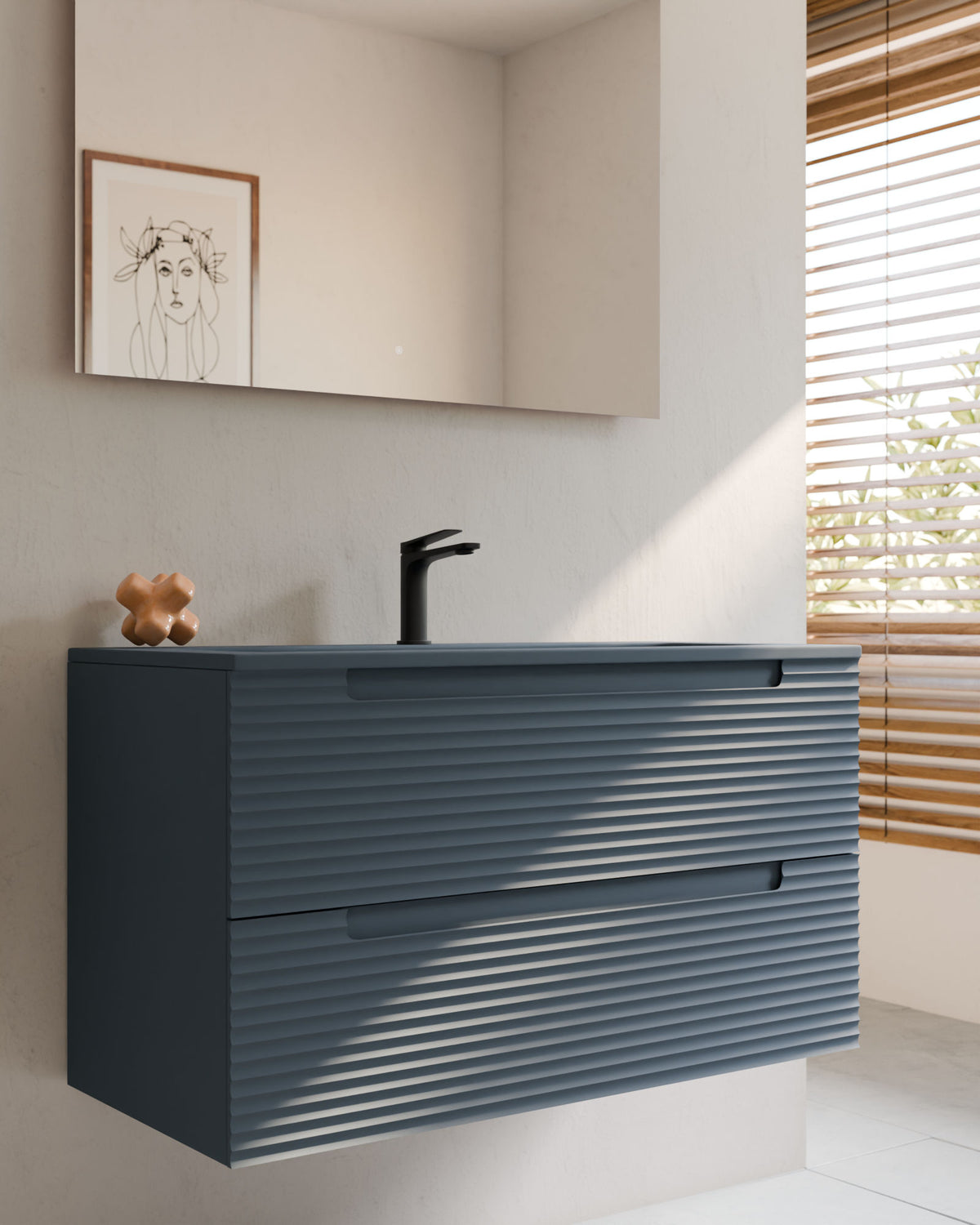 Kairo 2 Schubladen Meerblau – mit Möbelwaschtisch Meira Meerblau, Schürze 2 cm, mit Hahnloch, Nahaufnahme