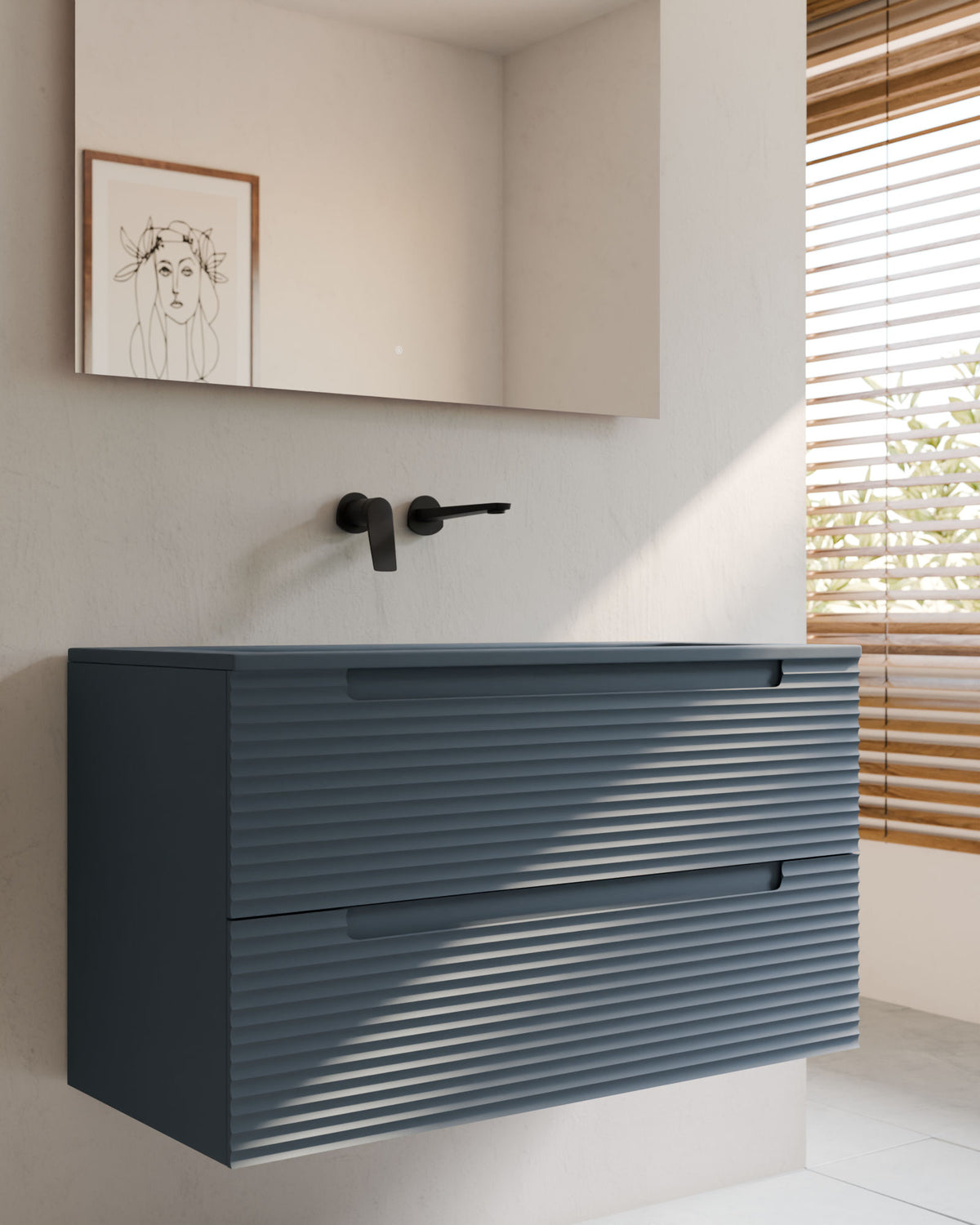 Kairo 2 Schubladen Meerblau – mit Möbelwaschtisch Meira Meerblau, Schürze 2 cm, ohne Hahnloch, Nahaufnahme