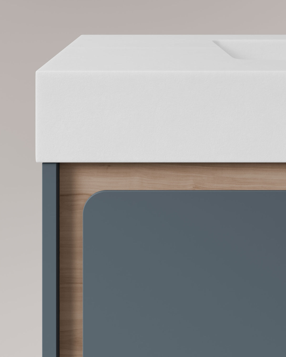 Cyra 2 tiroirs Bleu Brise Chêne Ivoire – avec plan vasque Toren Blanc, Tablier 10 cm, avec trou de robinet, vue de détail