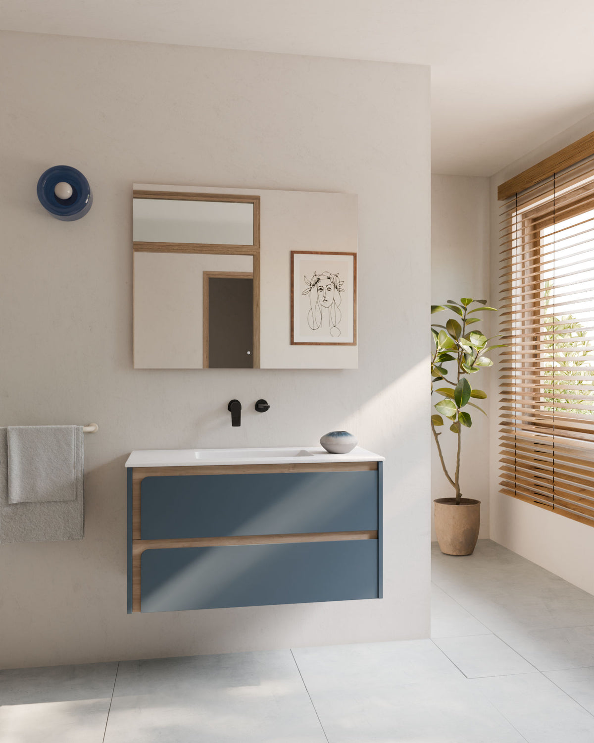 Cyra 2 tiroirs Bleu Brise Chêne Ivoire – avec plan vasque Toren Blanc, Tablier 2 cm, sans trou de robinet, vue de face