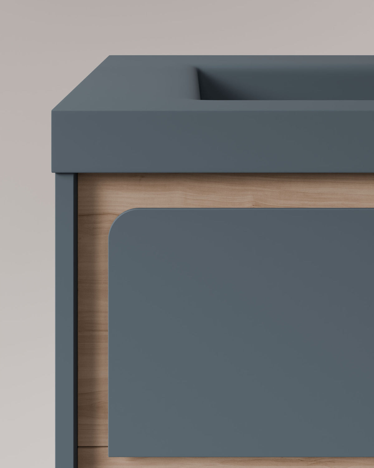 Cyra 2 tiroirs Bleu Brise Chêne Ivoire – avec plan vasque Ardelia Bleu Brise, Tablier 6 cm, avec trou de robinet, vue de détail