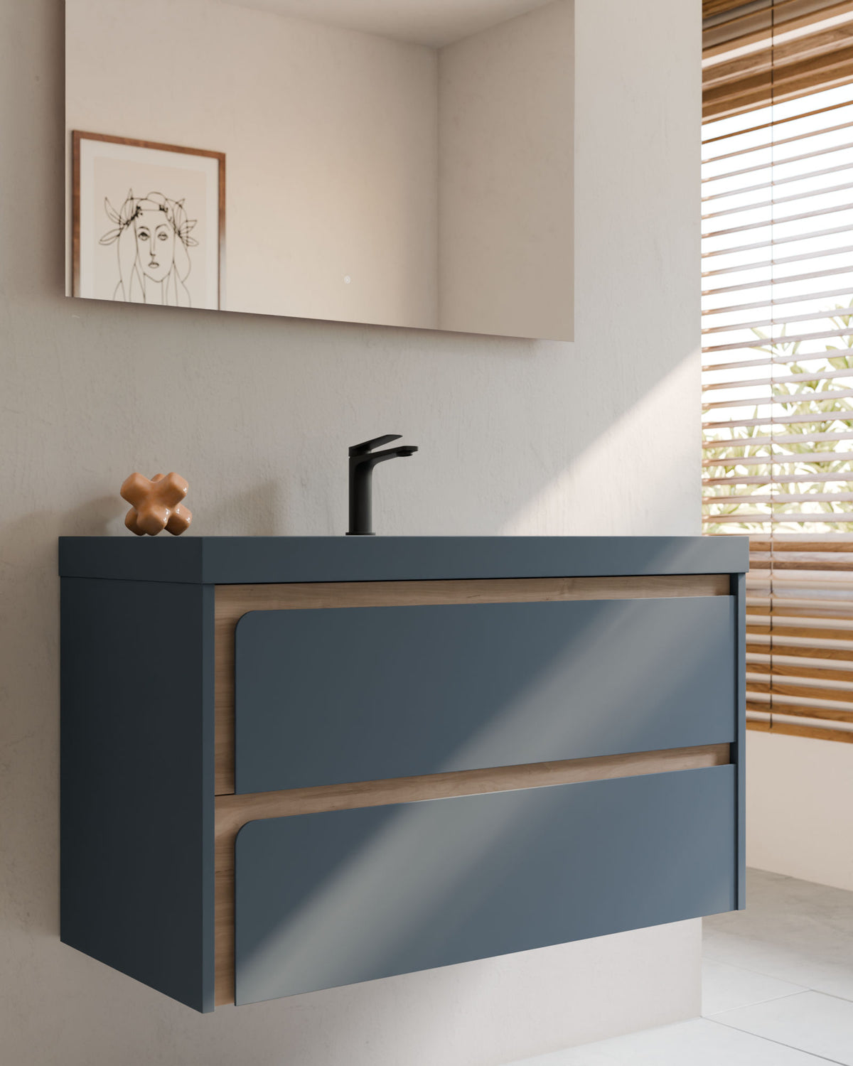 Cyra 2 tiroirs Bleu Brise Chêne Ivoire – avec plan vasque Ardelia Bleu Brise, Tablier 6 cm, avec trou de robinet, gros plan