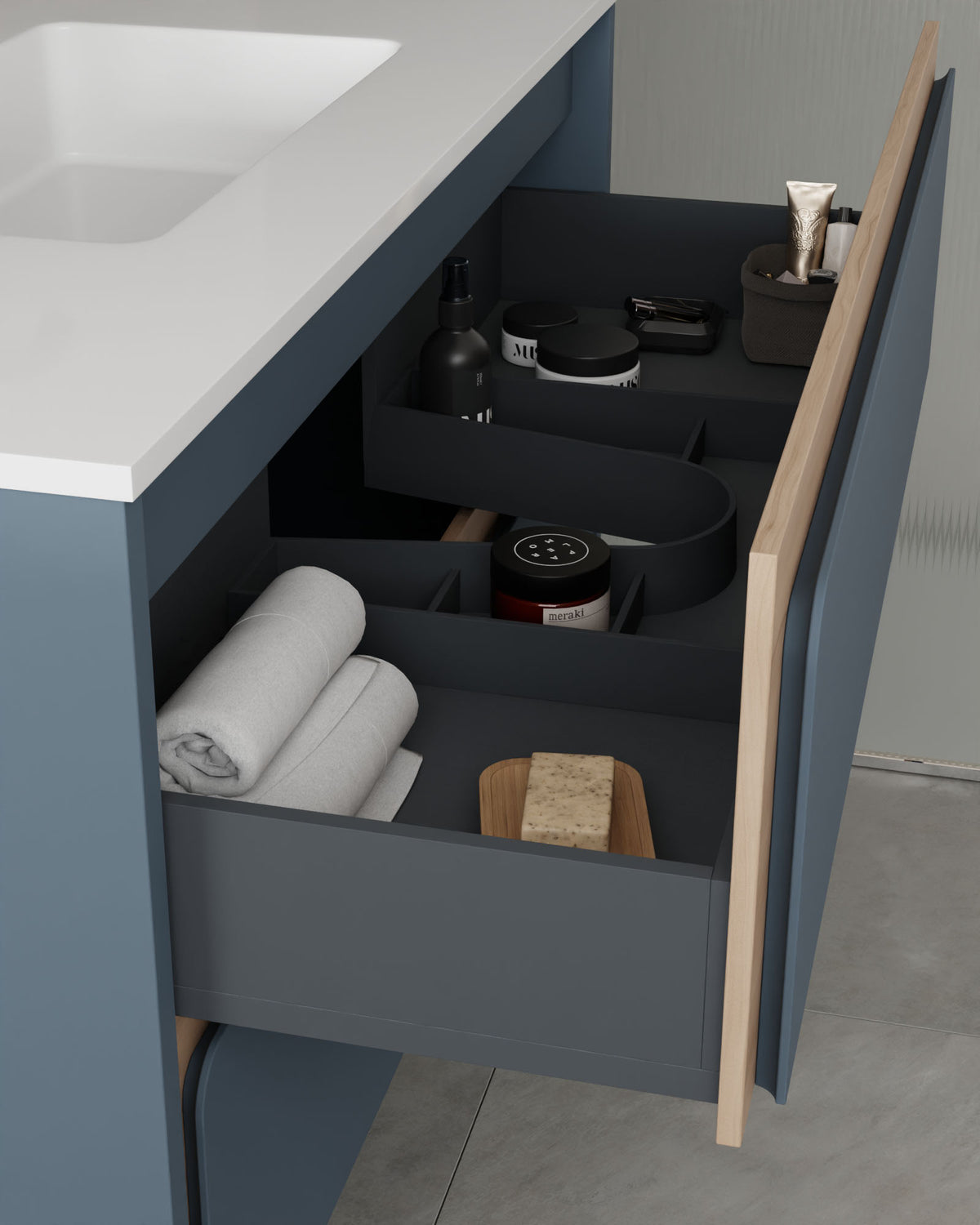 Cyra 2 tiroirs Bleu Brise Chêne Ivoire – avec plan vasque Ardelia Bleu Brise, Tablier 6 cm, avec trou de robinet, vue du tiroir