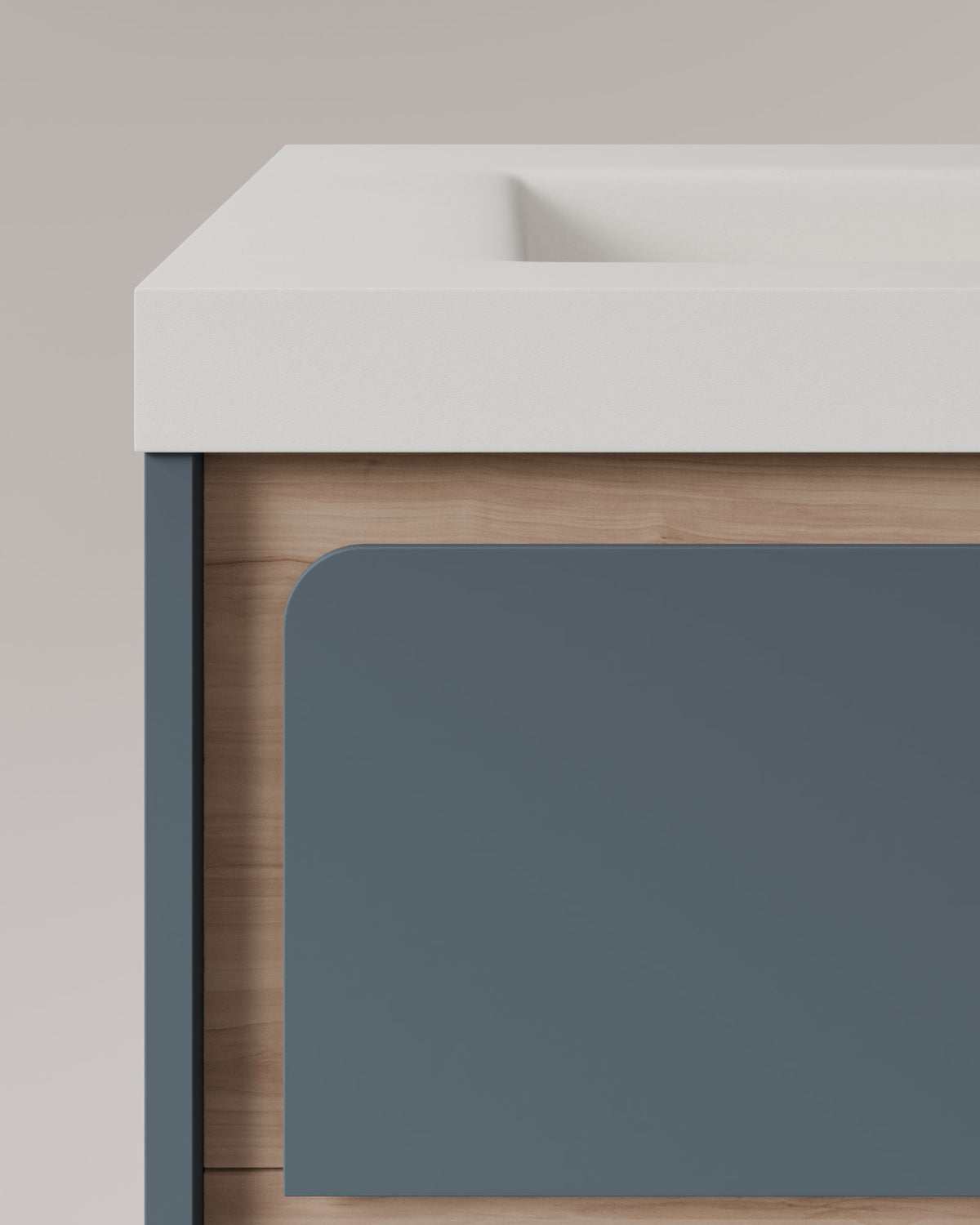 Cyra 2 tiroirs Bleu Brise Chêne Ivoire – avec plan vasque Ardelia Blanc, Tablier 6 cm, avec trou de robinet, vue de détail
