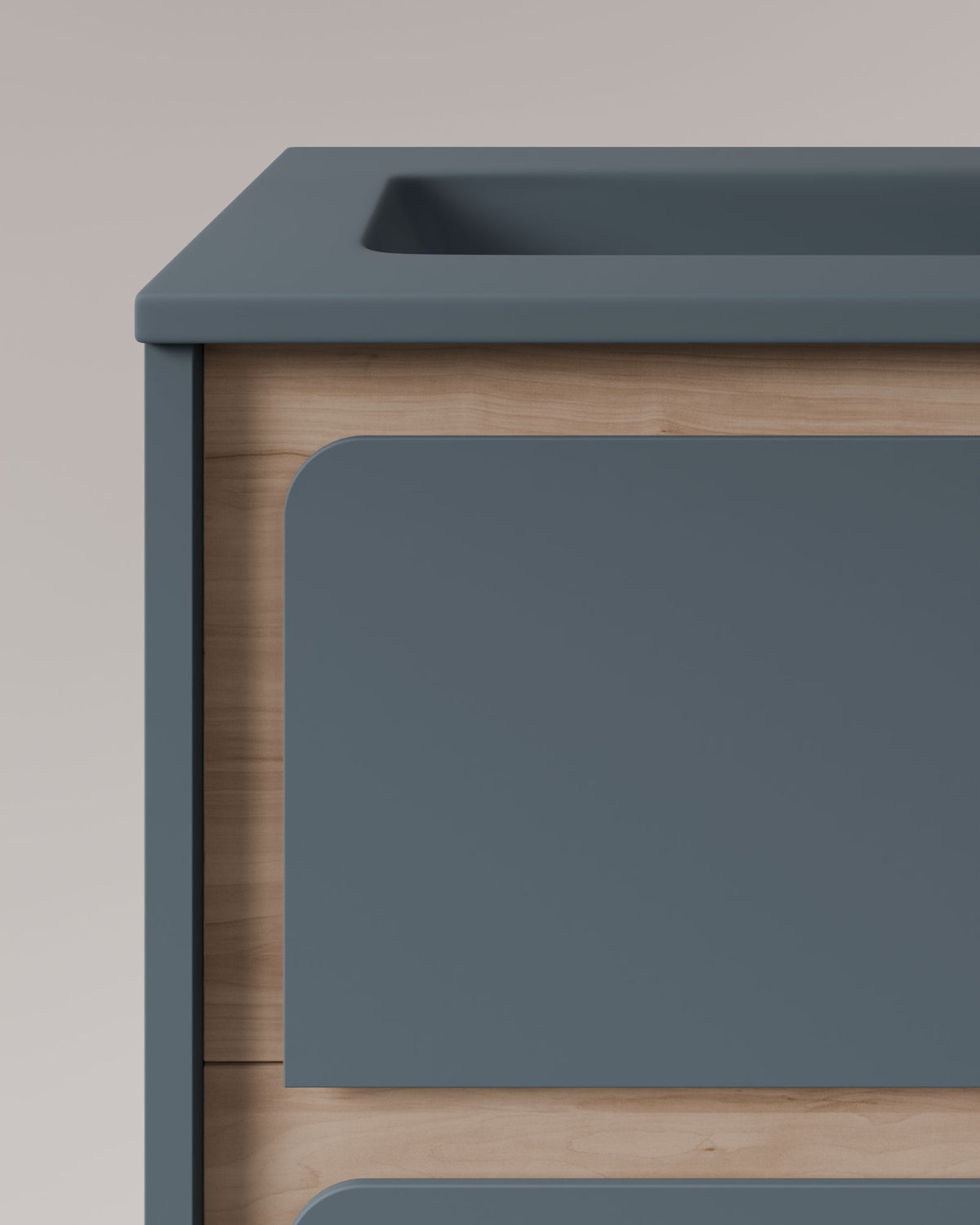 Cyra 2 tiroirs Bleu Brise Chêne Ivoire – avec plan vasque Meira Bleu Brise, Tablier 2 cm, sans trou de robinet, vue de détail