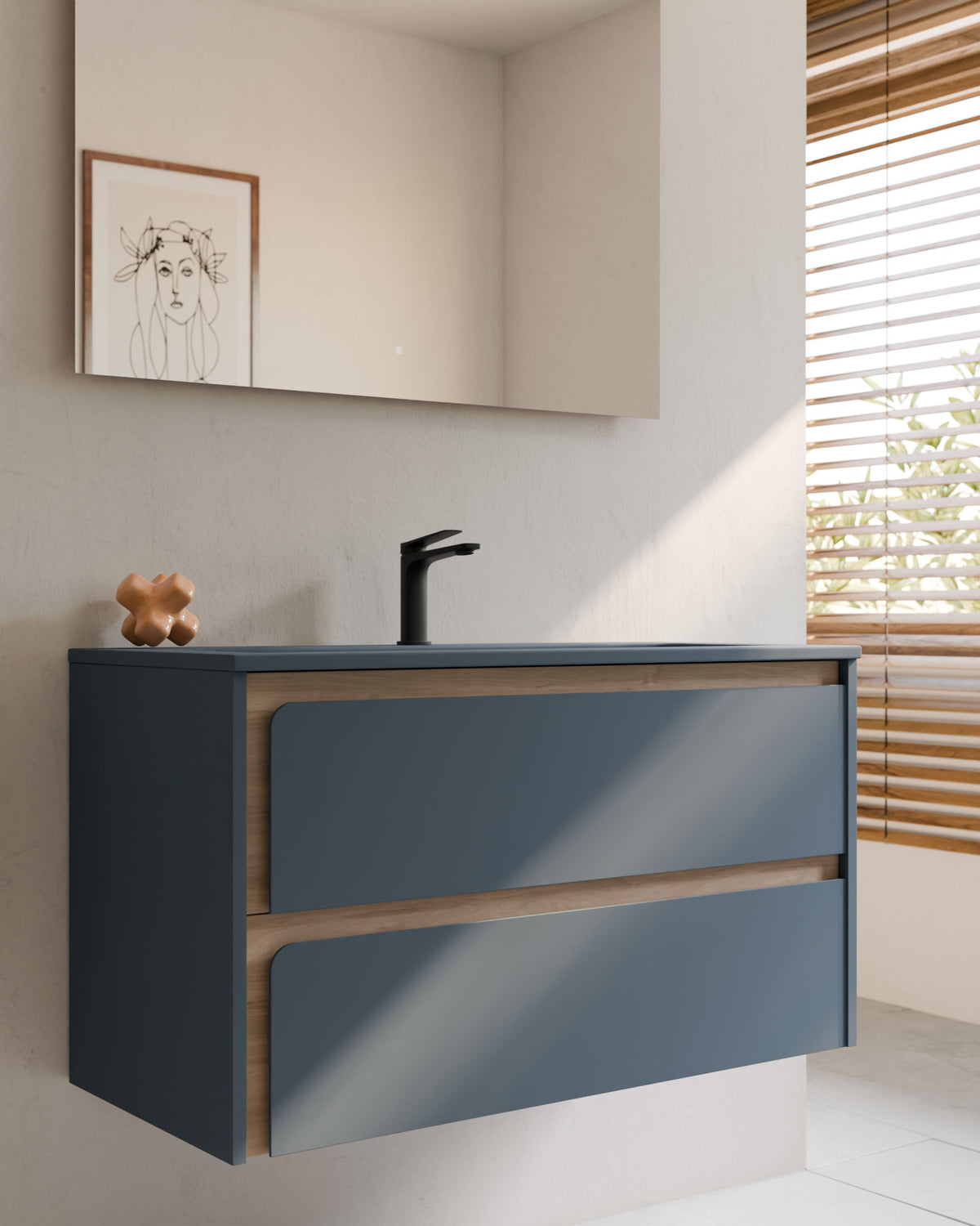 Cyra 2 tiroirs Bleu Brise Chêne Ivoire – avec plan vasque Meira Bleu Brise, Tablier 2 cm, avec trou de robinet, gros plan