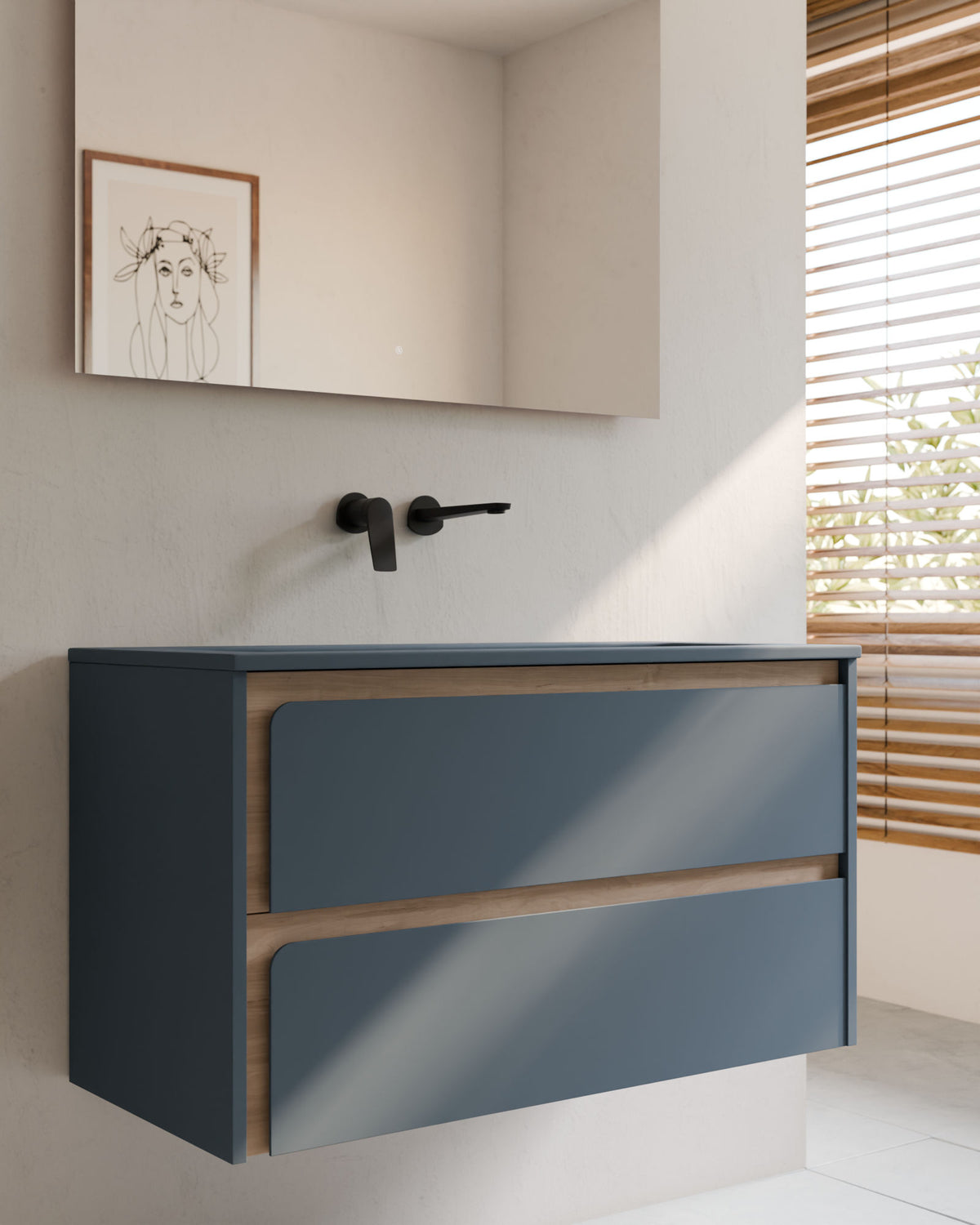 Cyra 2 tiroirs Bleu Brise Chêne Ivoire – avec plan vasque Meira Bleu Brise, Tablier 2 cm, sans trou de robinet, gros plan