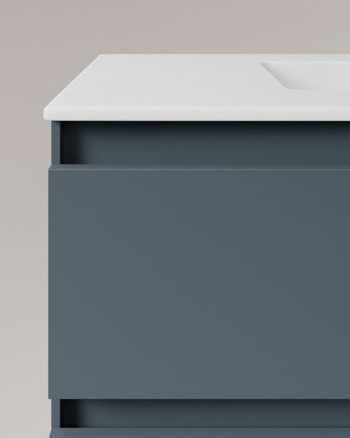 Zuri 2 tiroirs Bleu Brise – avec plan vasque Toren Blanc, Tablier 2 cm, sans trou de robinet, vue de détail